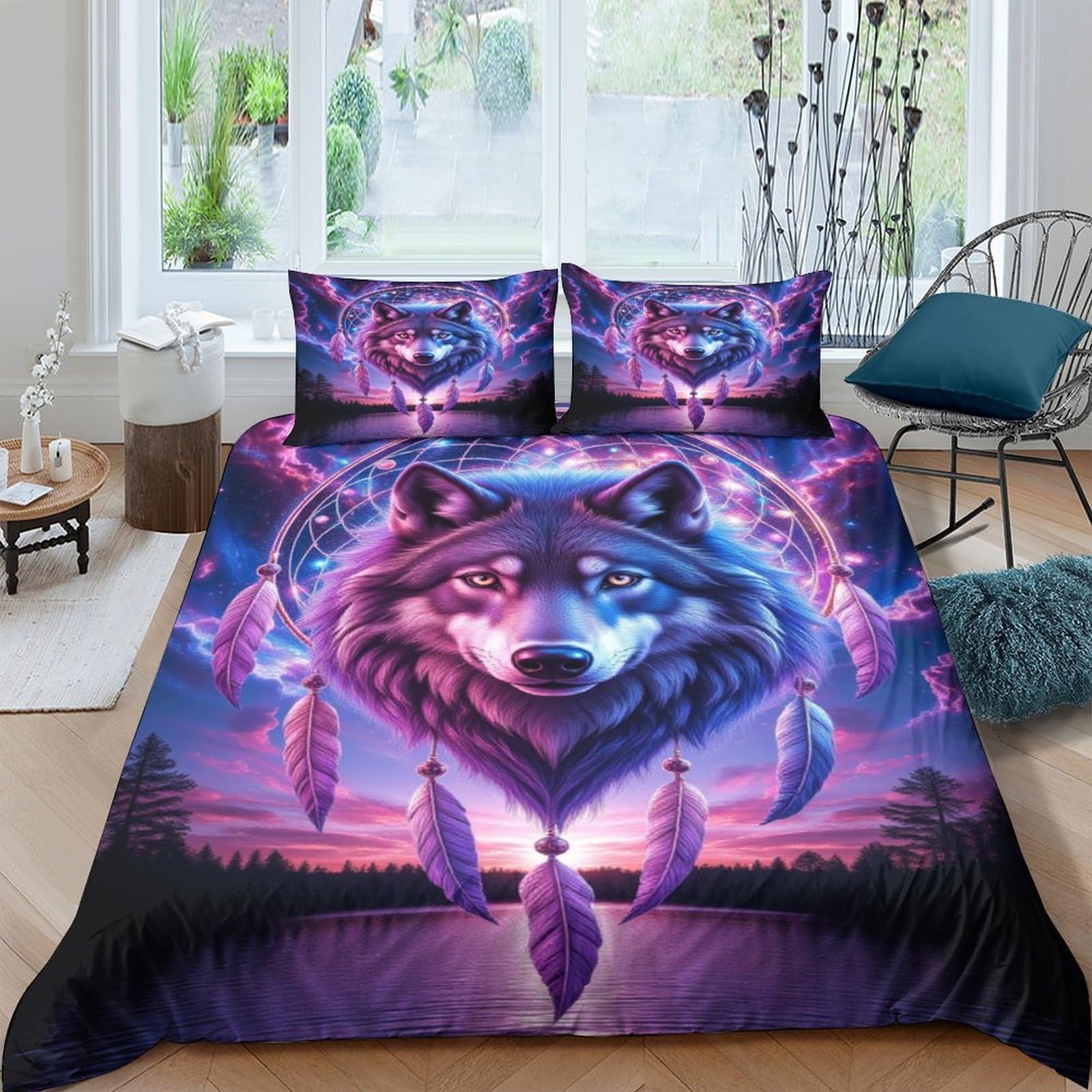 Ctjqhvkz Style-5 3D Printed Dreamcatcher Wolf Fitted Sheet Microfiber Purple Blue Bed Cover Non Slip Easy Care For Bedroom Decor Single（135X200cm）