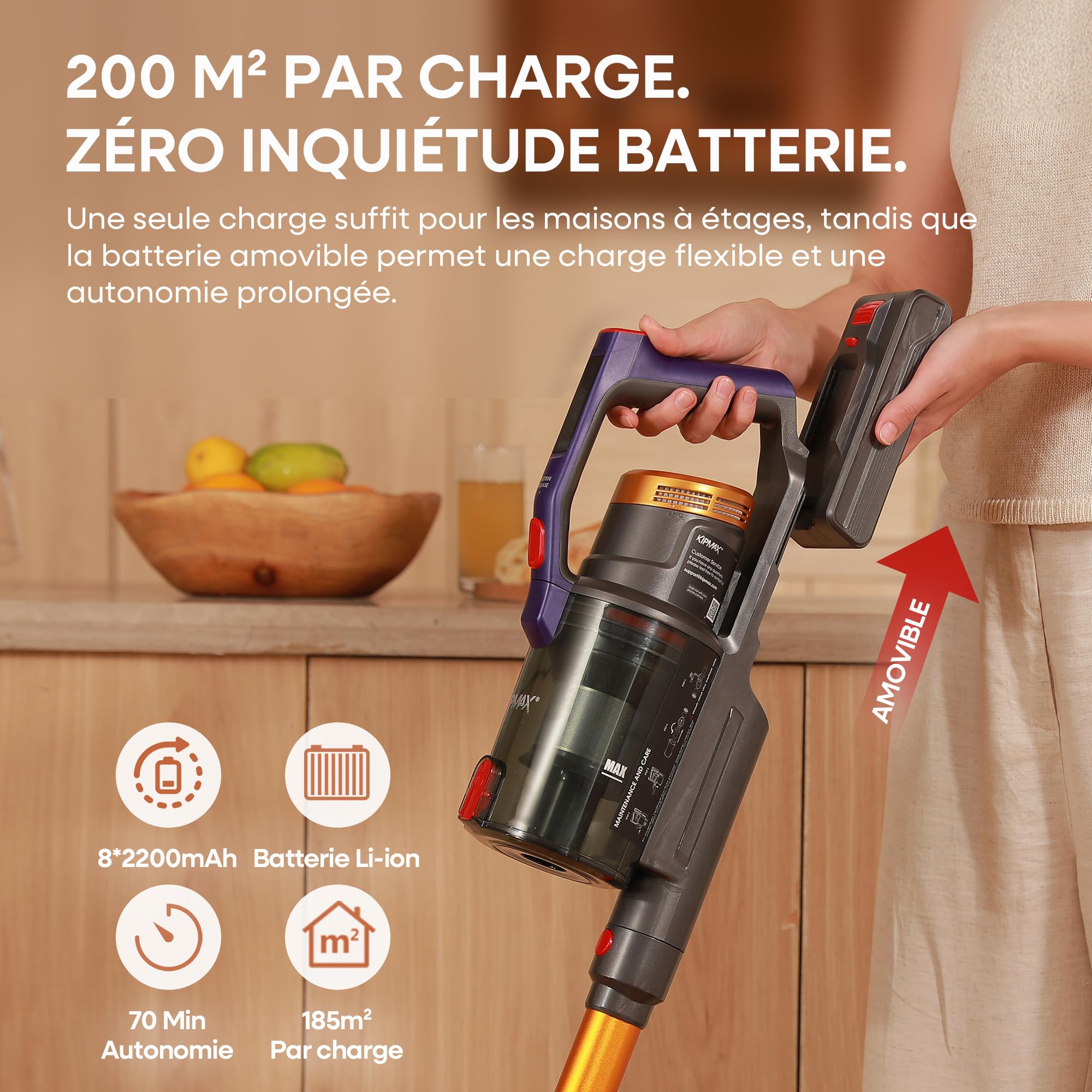 KIPMAX Aspirateur Balai sans Fil, pour Sols Durs, Tapis, Animaux et Voiture, 550W/50KPa/70Mins Aspirateur sans Fil Puissant, avec Base de Chargement et de Rangement, Parfumé, Brosse Anti-Enmêlement