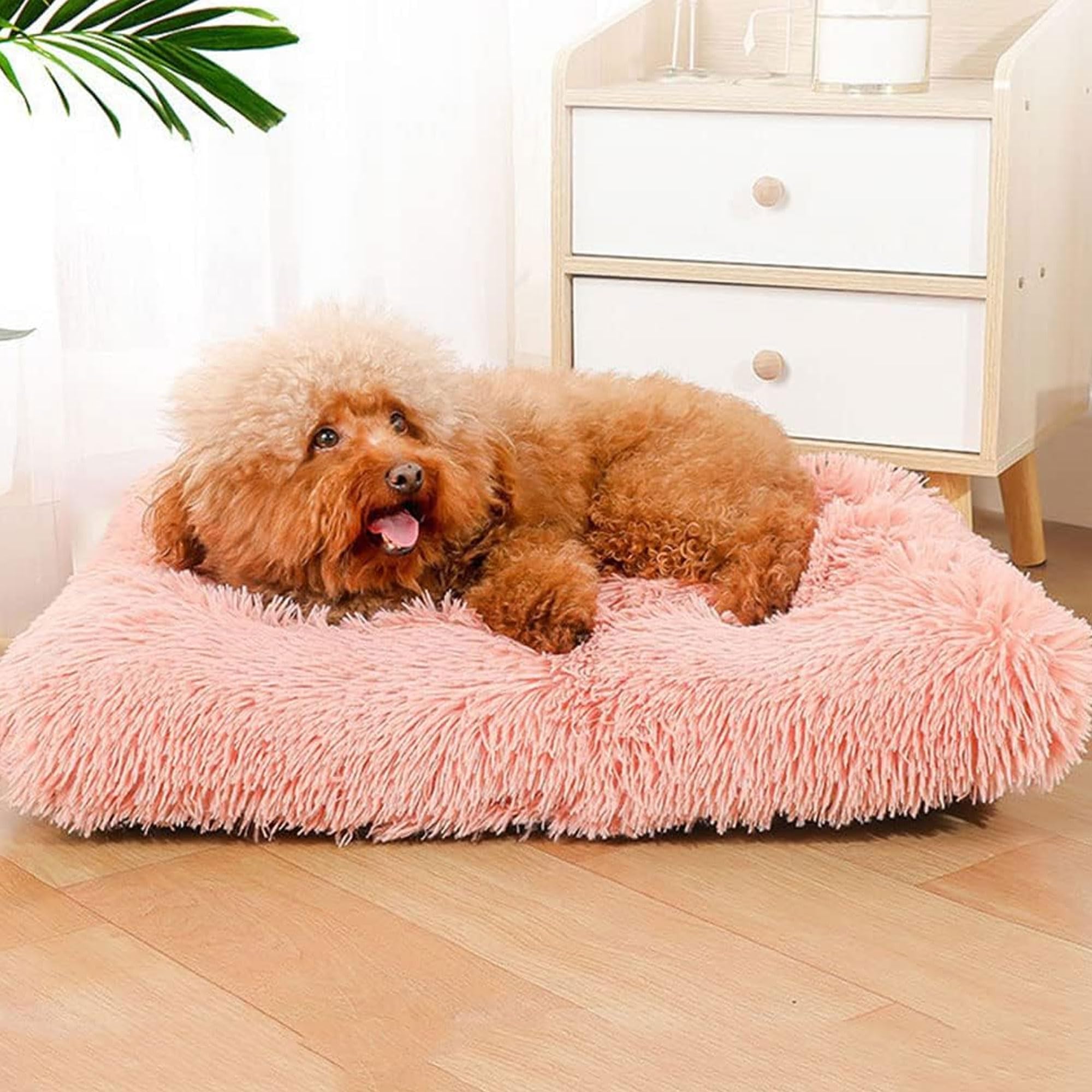 JupiterJX Large Dog Bed Washable Plush Dog Crate Matters Calming Fluffy Cat Dog Beds Anti Anxiety, Soft Warm Puppy Dog Sleeping Mat With Non-Slip Back, For Large Dogs (90x65cm, Pink)