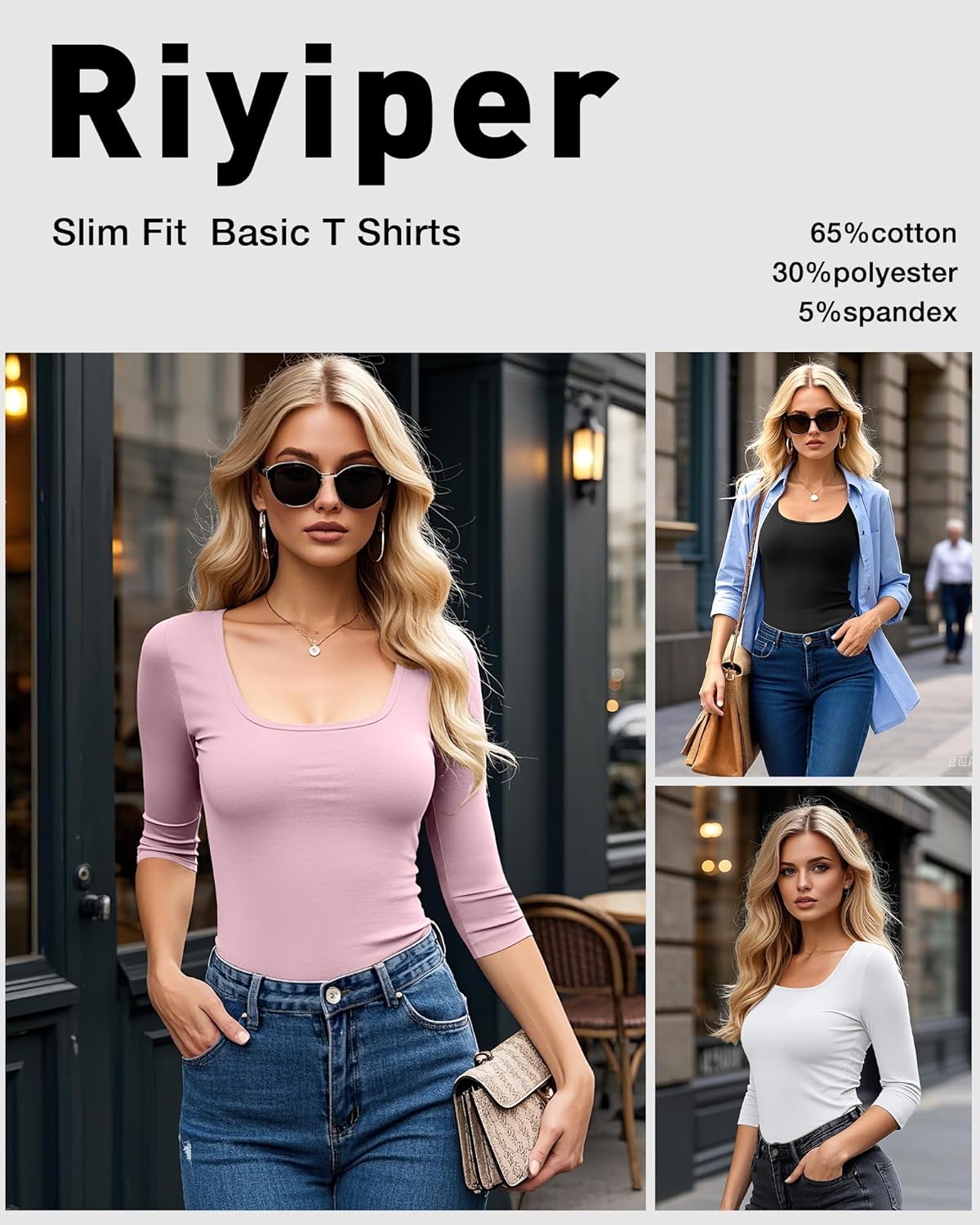 Riyiper 5 Pack Women's 3/4 Sleeve Shirts, Scoop Neck Tops Stretchy Slim Fit Basic T-Shirts Casual Athletic Tees - Image 5