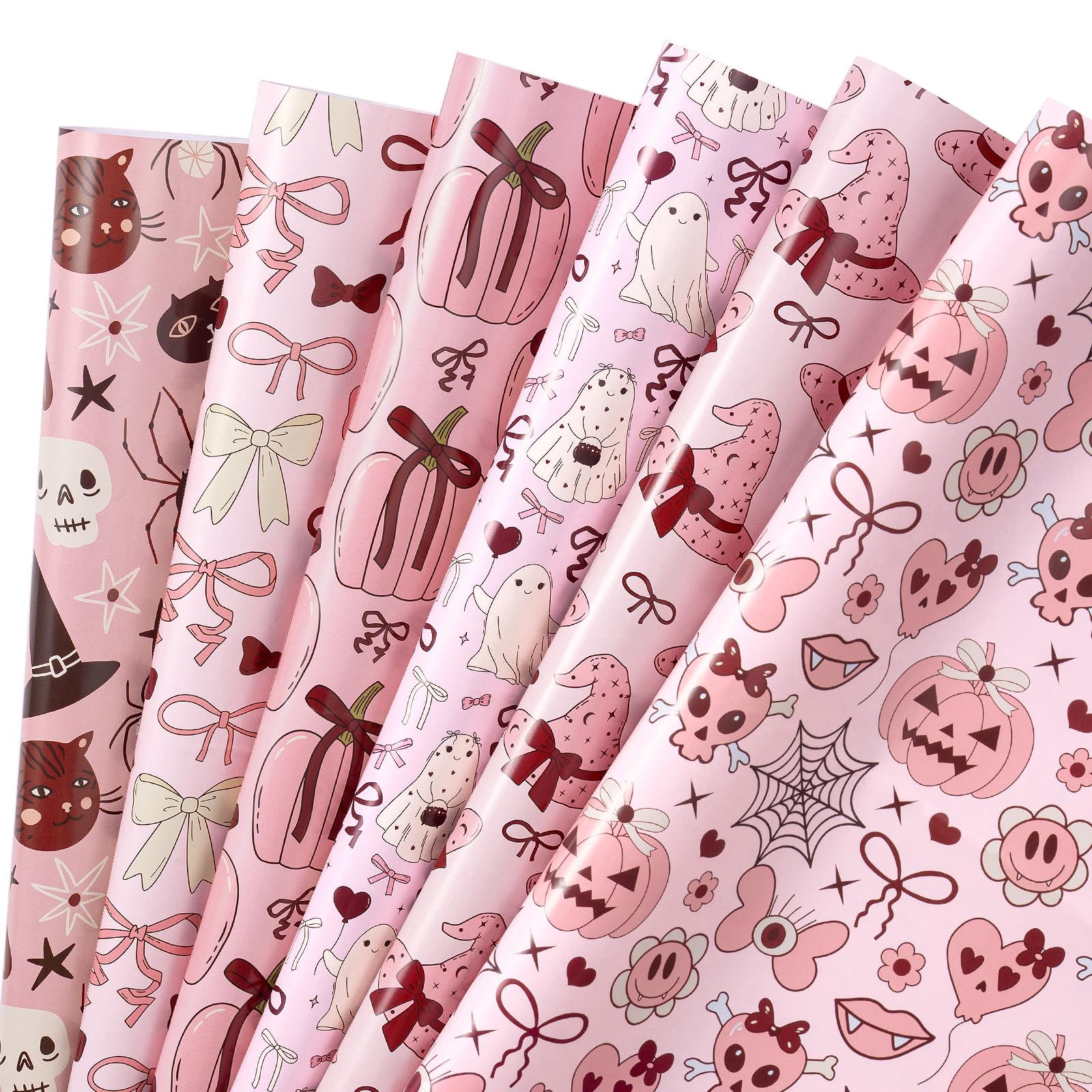 RUSPEPA Halloween Wrapping Paper Sheets For Girls, Pink Cute Gothic Design with Ghost, Bow, Skull, Pumpkin for Spooky Gifts, Halloween Party, Trick or Treat, 6 Folded Sheets, 50x70cm — image 1