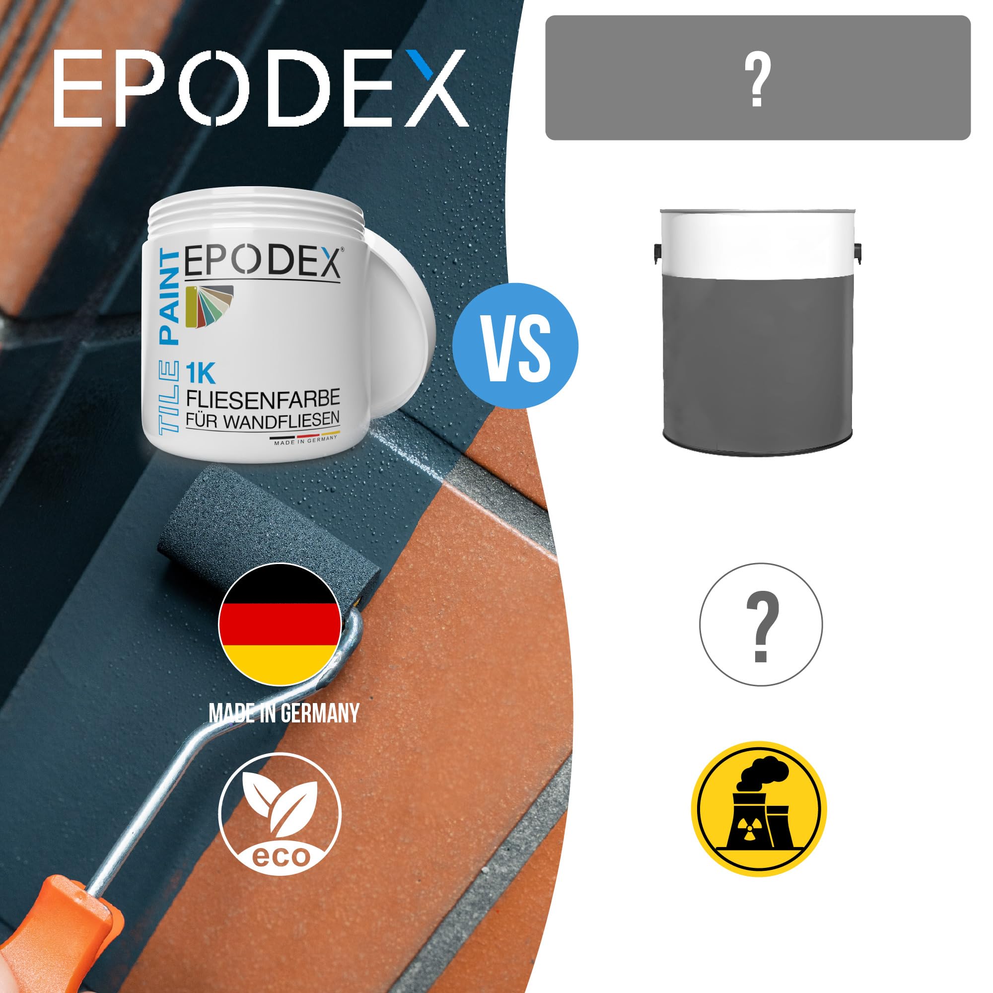 EPODEX 1K Fliesenfarbe Küche, Badezimmer & mehr - Polarweiss | Fliesenlack für normal beanspruchte Wandfliesen, seidenmatter Lack, 1kg (8m² bei einmaligem Anstrich)