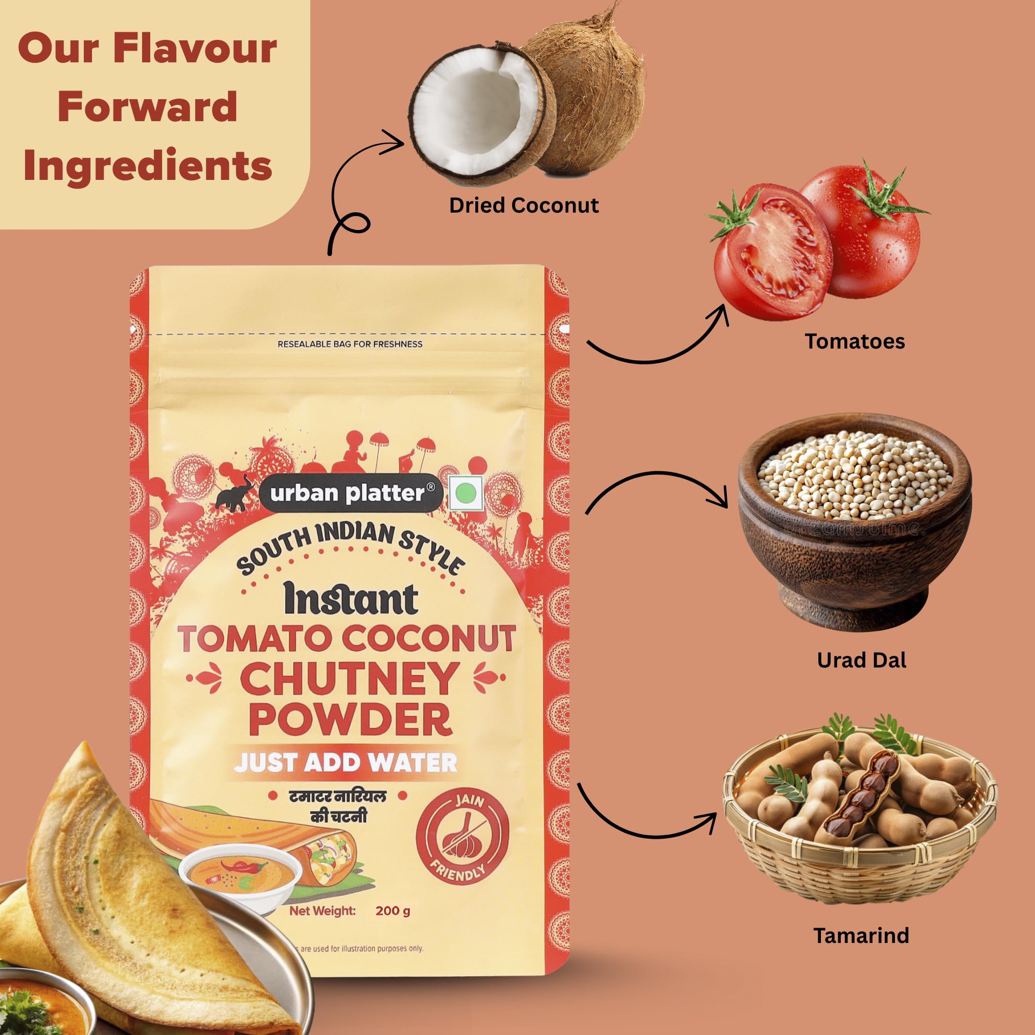 South Indian Style Instant Tomato Coconut Chutney Powder 200G / 7Oz [Nariyal Ki Chutney Just Water]