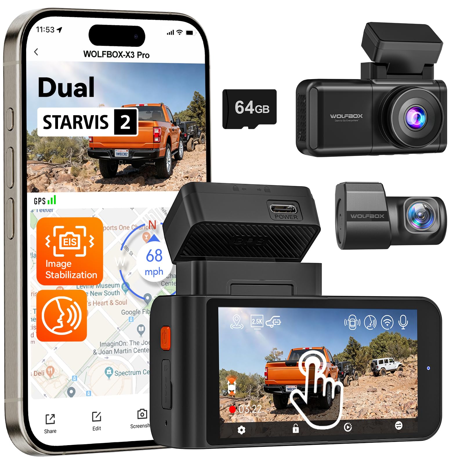 WOLFBOX X3 PRO Dashcam Auto, Dual 5MP STARVIS 2 IMX 675, 1440P 60FPS+1440P ADAS Dashcam Auto Vorne Hinten, Bildstabilisierung mit 5.8GHz WiFi, Sprachsteuerung & Touchscreen, 64GB Karte & GPS Inklusive