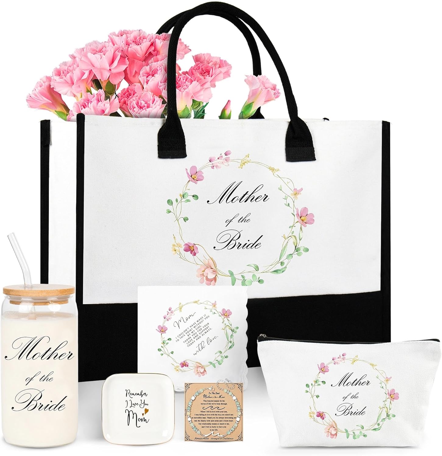 J6&H6 Mother of the Bride Gifts, Mom Gift for Mother Set Included Glass Cups Tote Bag Bracelet Ceramic Jewelry Dish Handkerchiefs for Engagement Bridal Shower Anniversary Wedding Gifts | UNique Design, High Quality