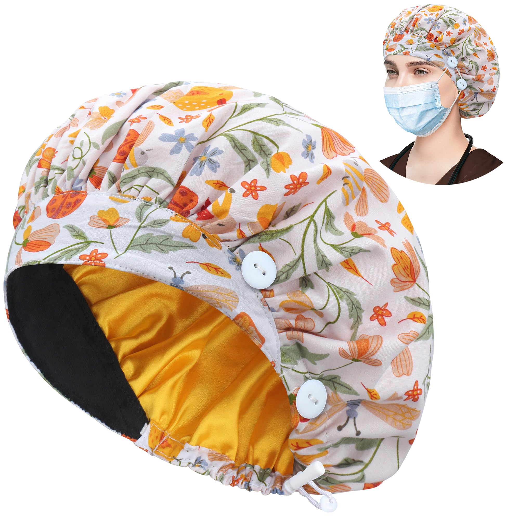 ABAMERICA Bouffant Caps with Button and Sweatband, Adjustable Scrub Caps for Women Men, One Size Multi Color