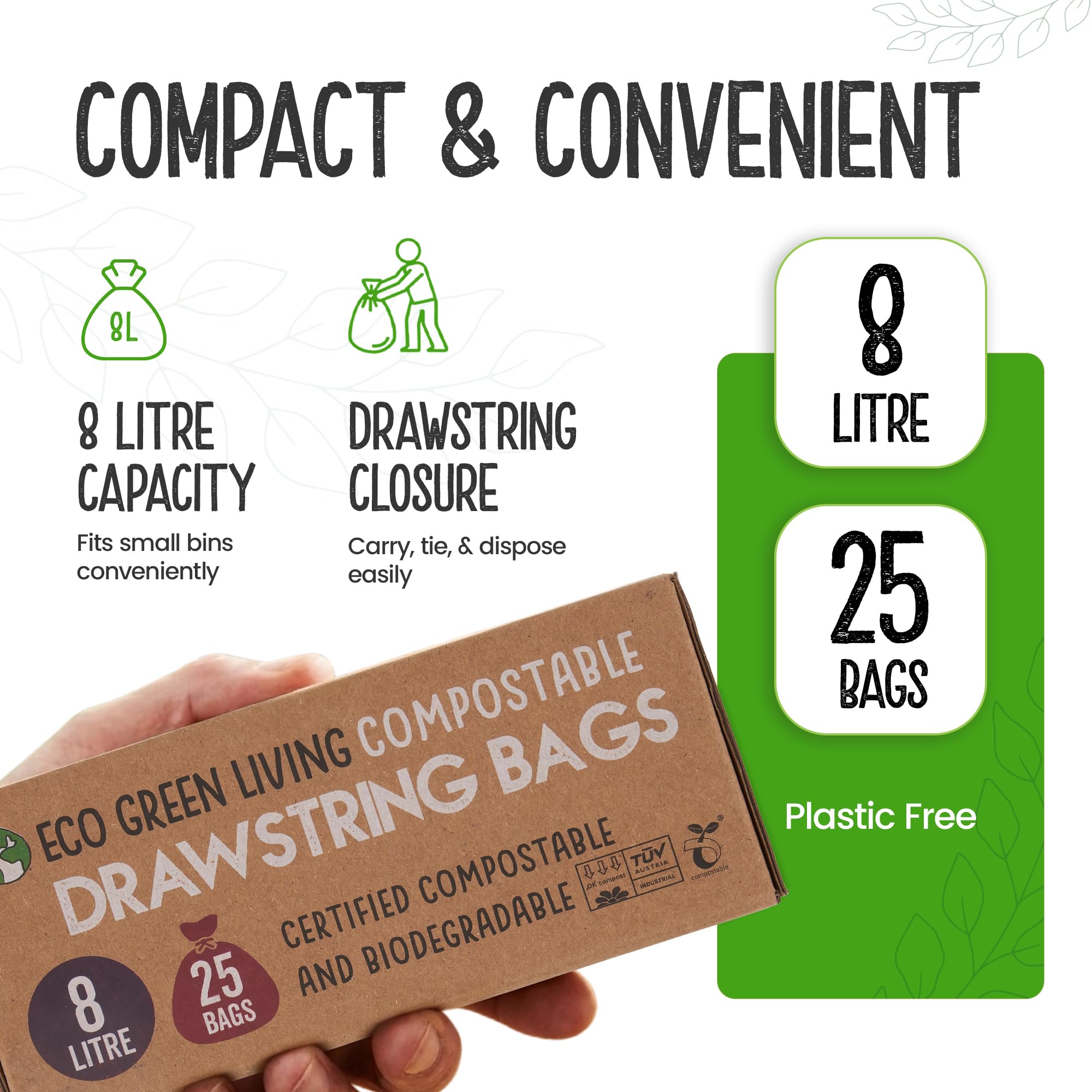 Eco Green Living Sacchi per la spazzatura compostabili da 8 litri con coulisse, senza plastica e anti-perdita, per bidoni da bagno, camera da letto e ufficio - 40 x 45 cm (25 sacchetti)