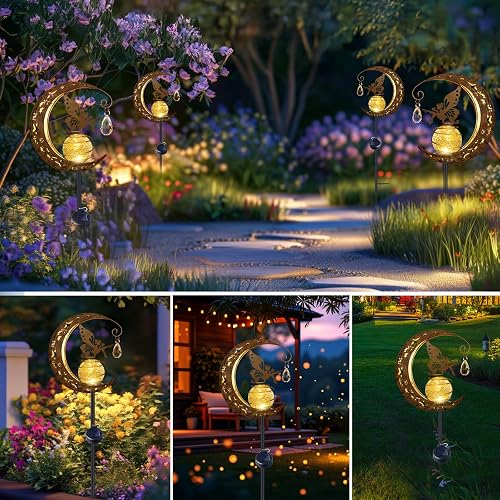 Solar Lights Garden Decorations Outdoor, IP65 Waterproof Moon Fairy Solar Crackle Glass Light, Warm White LED Metal Stake Ornament for Pathway Lawn Patio Yard Gifts for Mom Grandma Women - 6