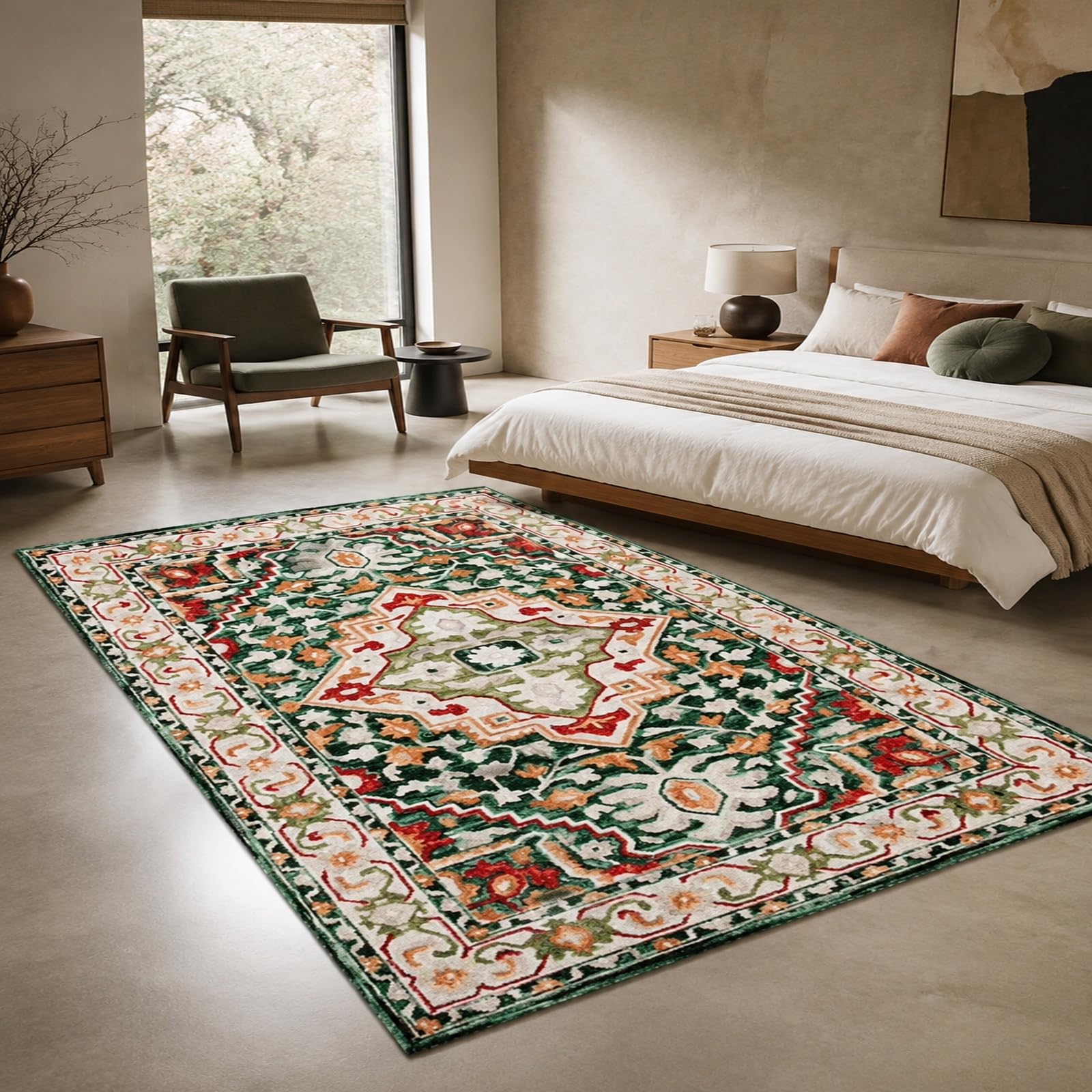 Generisch Teppich Groß Wohnzimmer,Vintage Grün, Rot, Weiß, Orange, 170 x 180 cm, Waschbar Teppiche für Esszimmertisch Zimmer Deko Innen Schlafzimmer Arbeitszimmer
