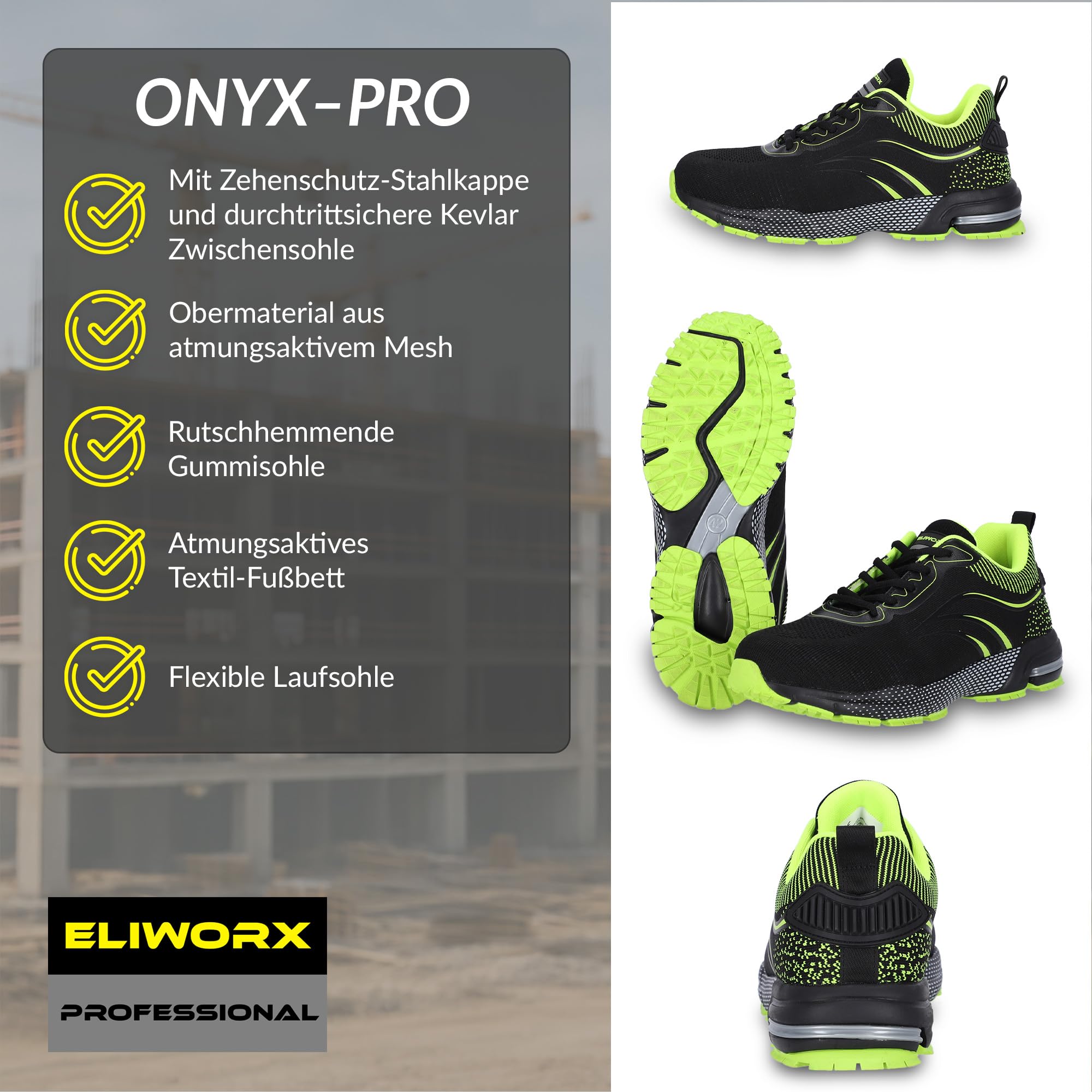 Zapatos de seguridad para hombre S1 PL de malla transpirable - Onyx Pro - Con puntera de acero, entresuela de kevlar resistente a la penetración, especialmente antideslizante