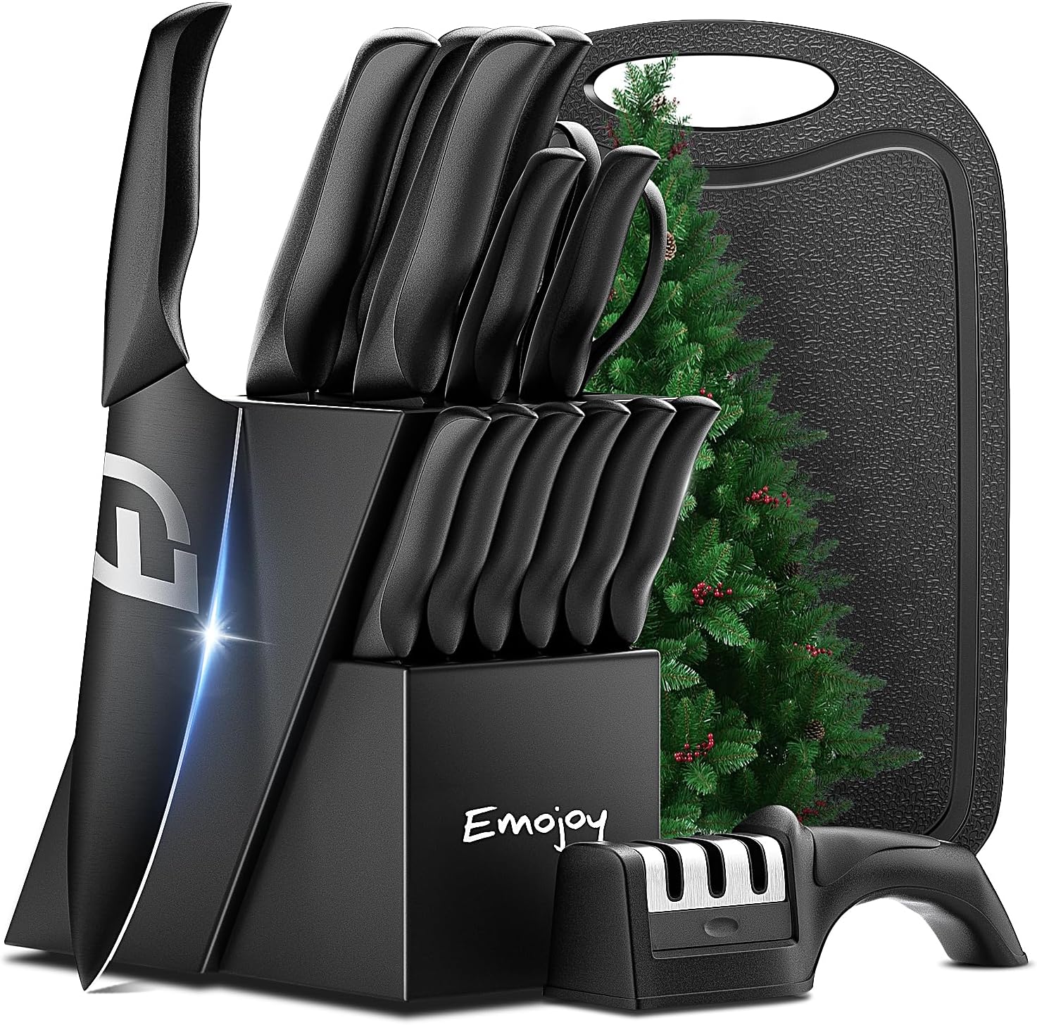 Emojoy Knife Set, 16 Pieces Black Knife Set for Kitchen with 3-Stage Professional Sharpener and Cutting Board, Super-Sharp High Carbon Stainless Steel Kitchen knives, Ergonomic Handle, All Black