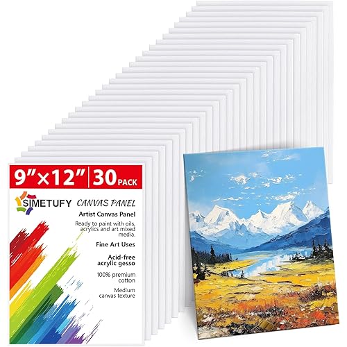 Simetufy 30 Pack 9x12 Inch Canvas Boards for Painting Bulk, Kids Art Novices Blank Canvas Panels, Gesso Primed 100% Cotton for Acrylic Oil Watercolor Tempera Paint
