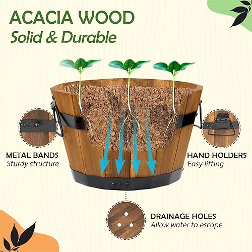Miniatura 5 de Idzo Juego de 3 cajas de flores de madera para exteriores, macetas de barril de madera de acacia duraderas para plantas al aire libre con asas