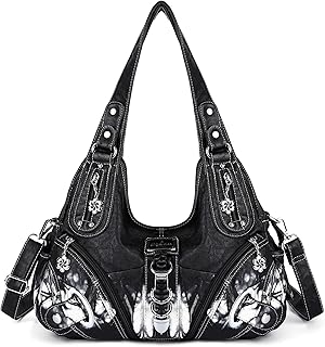 Angelkiss Women Multiple Pockets Purses and Handbags Washed Leather, Two Top Zippers Closure, Z-black