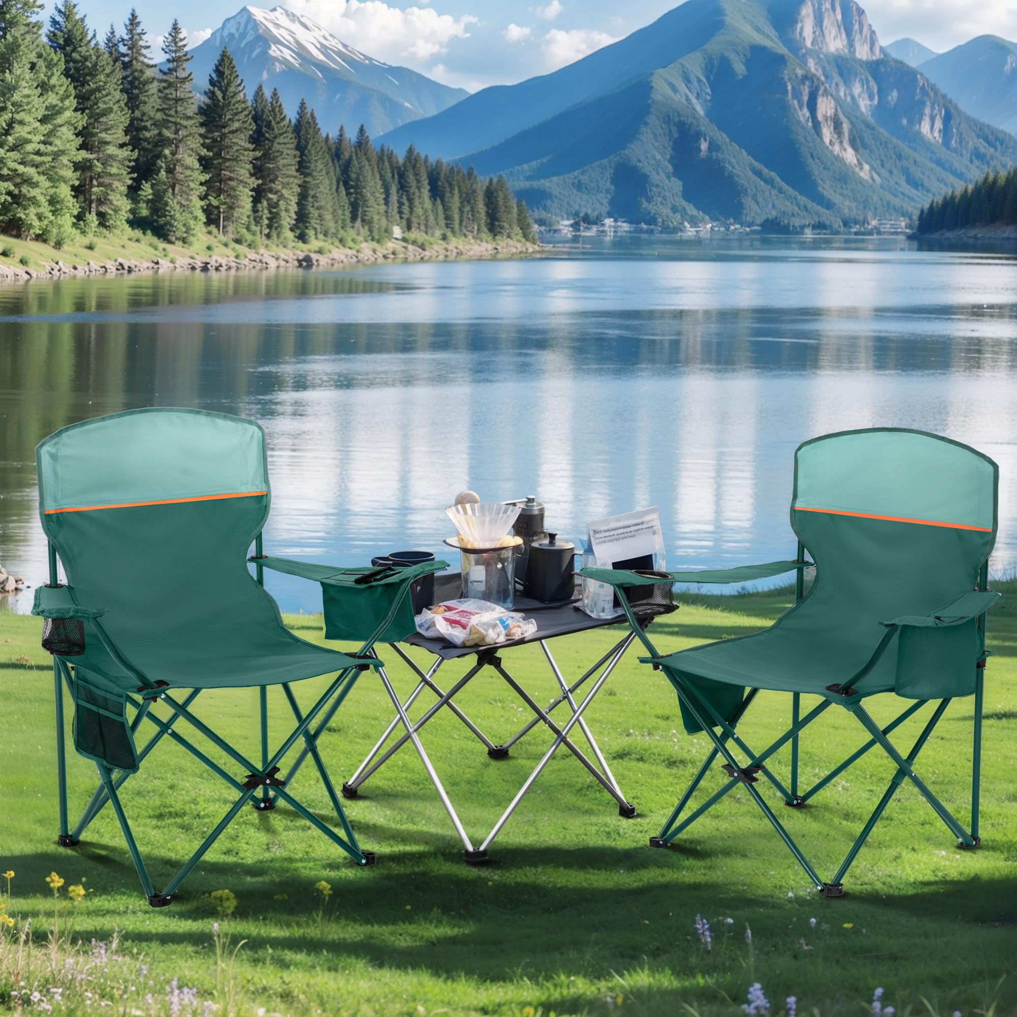 LET'S CAMP Juego de 2 sillas plegables de camping con soporte para bebidas, silla plegable con reposabrazos, color verde
