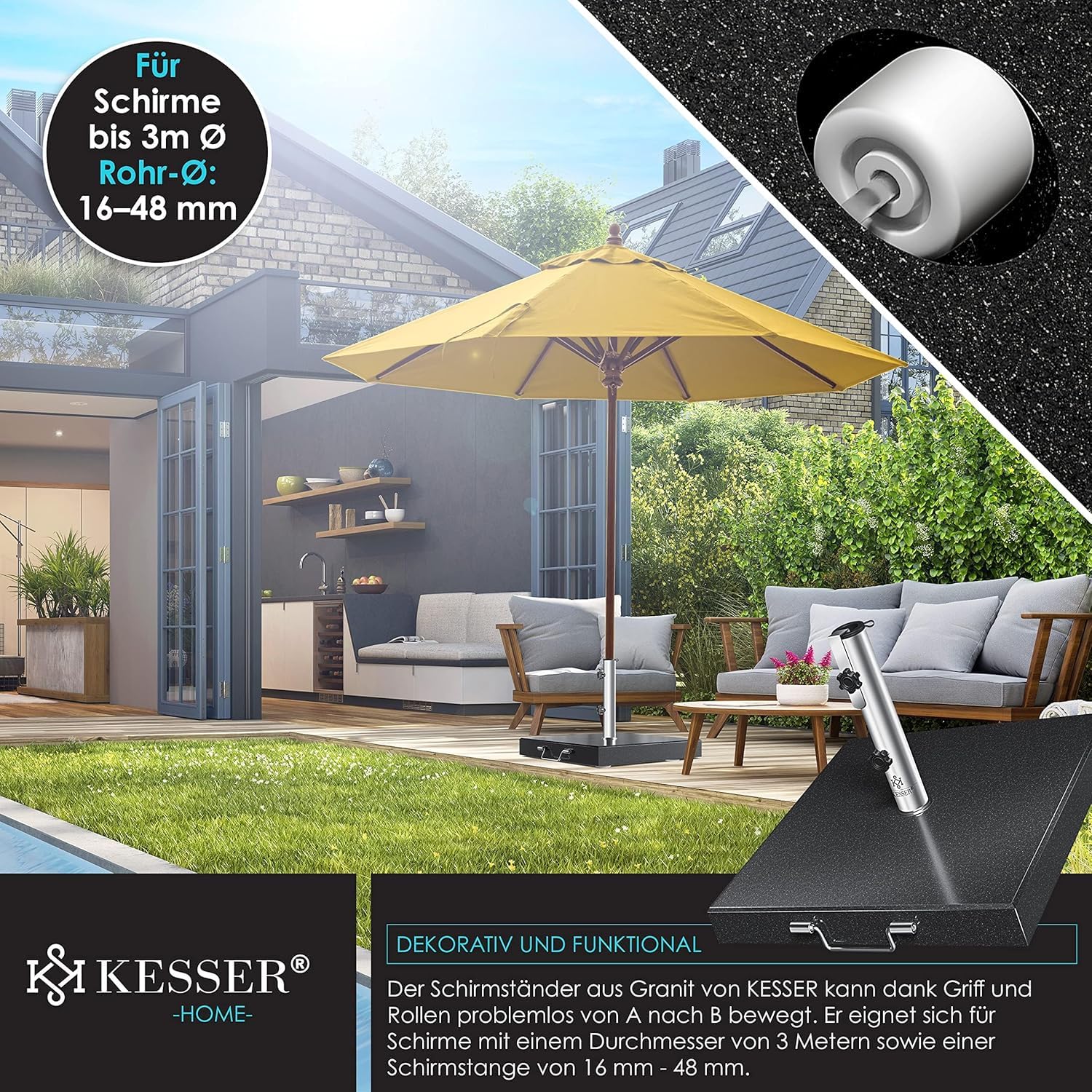 KESSER® Granit Sonnenschirmständer mit Edelstahlrohr, Hochwertiger Schirmständer Quadrat Sockel 30KG - für Schirmstöcke bis 16-48 mm, Inkl. Transport Griff Garten Balkonschirmständer, Anthrazit