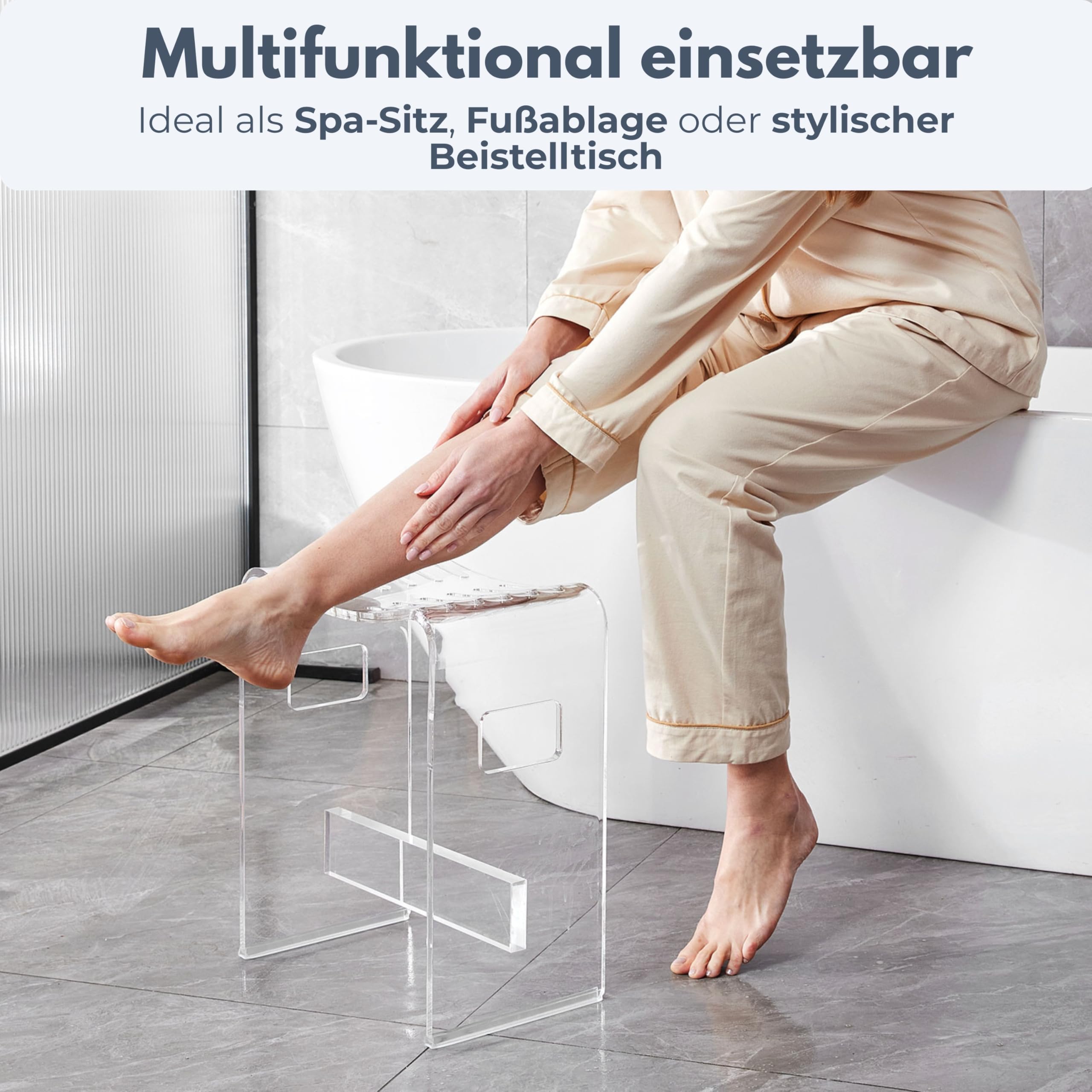 StarK Duschhocker modern aus klarem Acryl – Stabiler Duschstuhl bis 120 kg belastbar | Design Badhocker mit Ablauf-Schlitzen & Griffen | rutschfest, hochwertig & ideal für Dusche