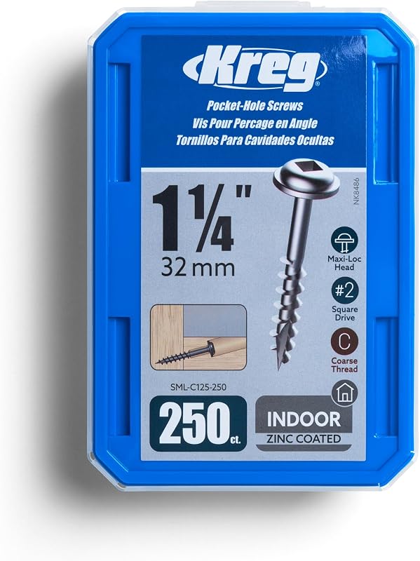 Tornillos de zinc para orificios de bolsillo Kreg, tornillos para orificios de bolsillo, 250 unidades, 1-1/4 pulgadas | Tornillos de zinc con orificios ocultos, rosca gruesa, cabeza Maxi-Loc para juntas fuertes de carpintería en interiores