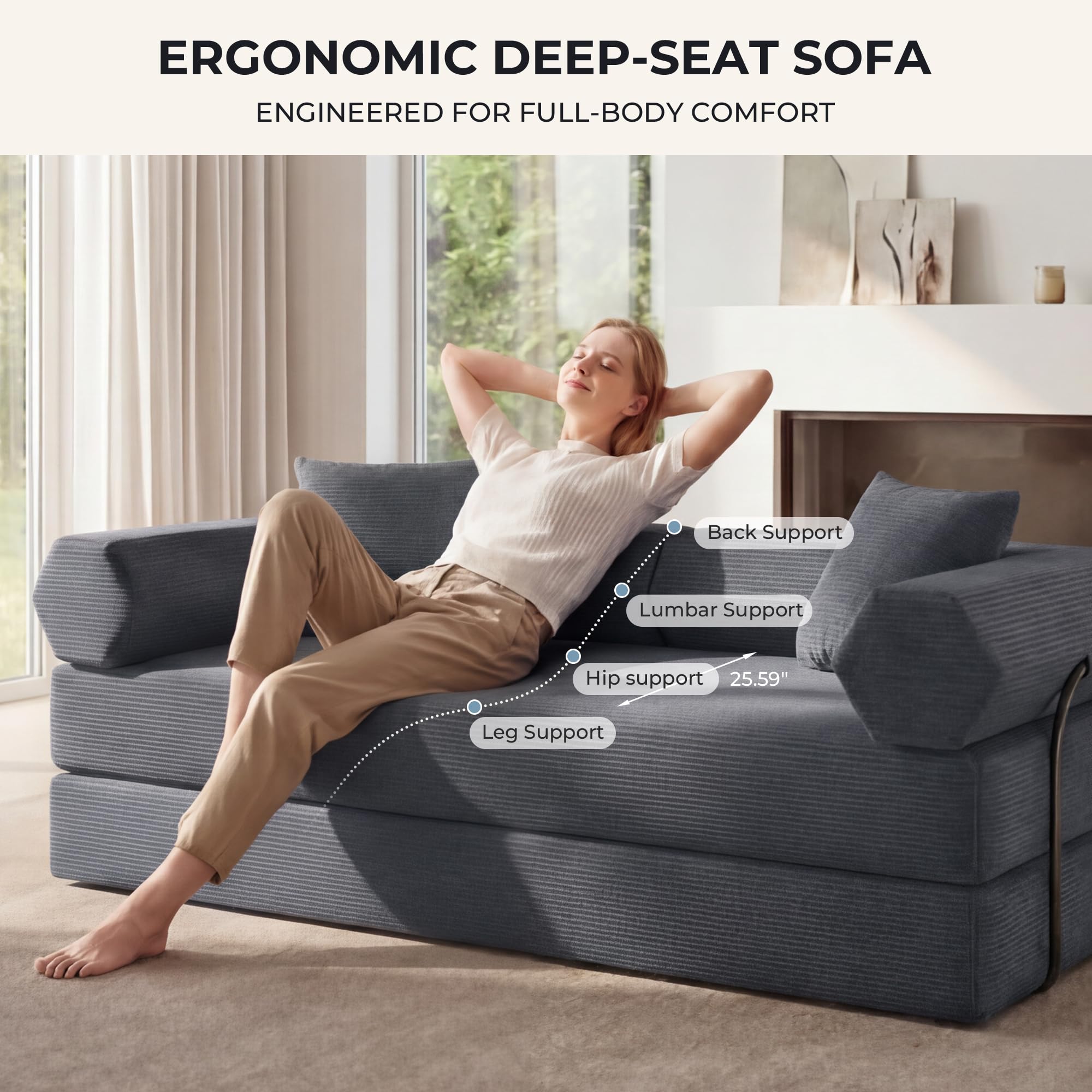79" Boneless Couch, Convertible Futon Sofa Bed, Corduroy Sleeper Sofa | Mattress-Grade Pocket Spring Core, Floor Couch for Living Room, Bedroom, Apartment & Guest Room, Dark Gray