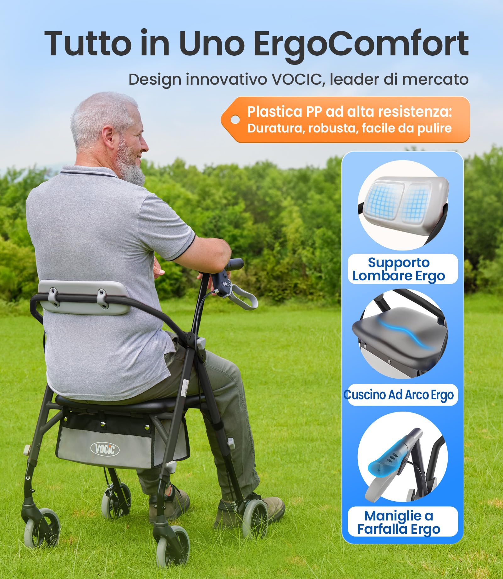 VOCIC Deambulatore pieghevole e leggero con seduta, 6,3 kg ultraleggero | Deambulatore per anziani, max 150 kg, sedile ergonomico, altezza regolabile, walker stretto per casa & viaggi, nero