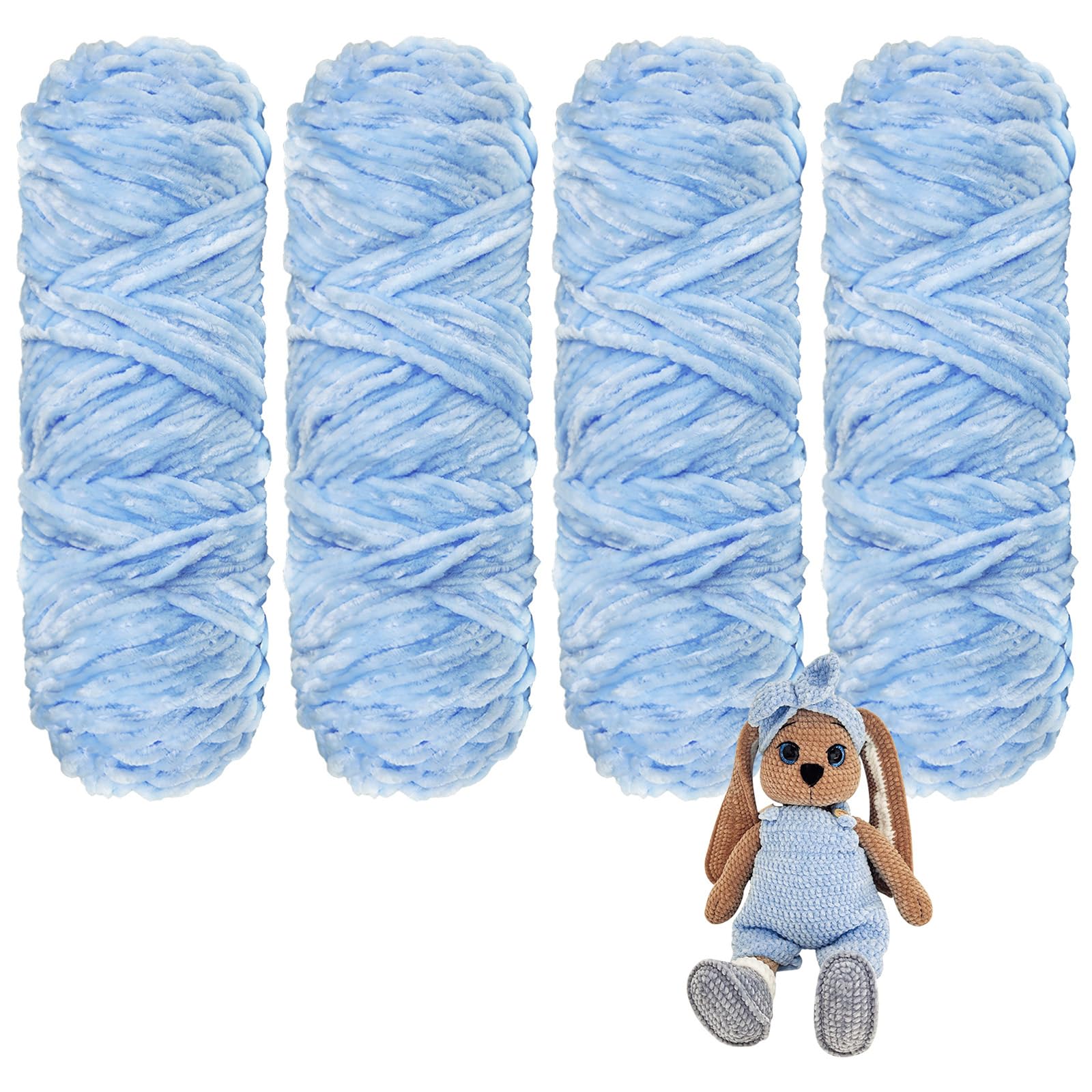 Crochet Yarn Chunky Yarn for Crochet Chunky Wool for Knitting 100g Balls x 4 Chenille Yarn Wool for Crochet Kits for Beginners Adults for Handmade Crafts Hats Blankets Scarves(Light Blue
