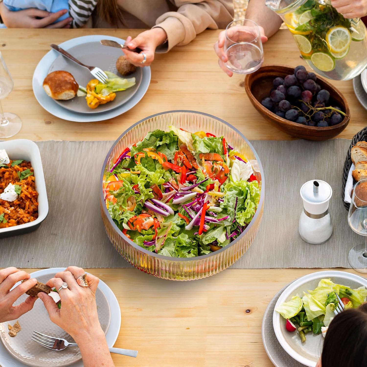 NiHome Extra Large Glass Salad Bowl with Natural Acacia Wood Base & Wooden Serving Utensils for Family Dinners, Parties, Gatherings, Multipurpose Oversized Glass Bowl for Salads(Separate-Piece Design) - Image 8