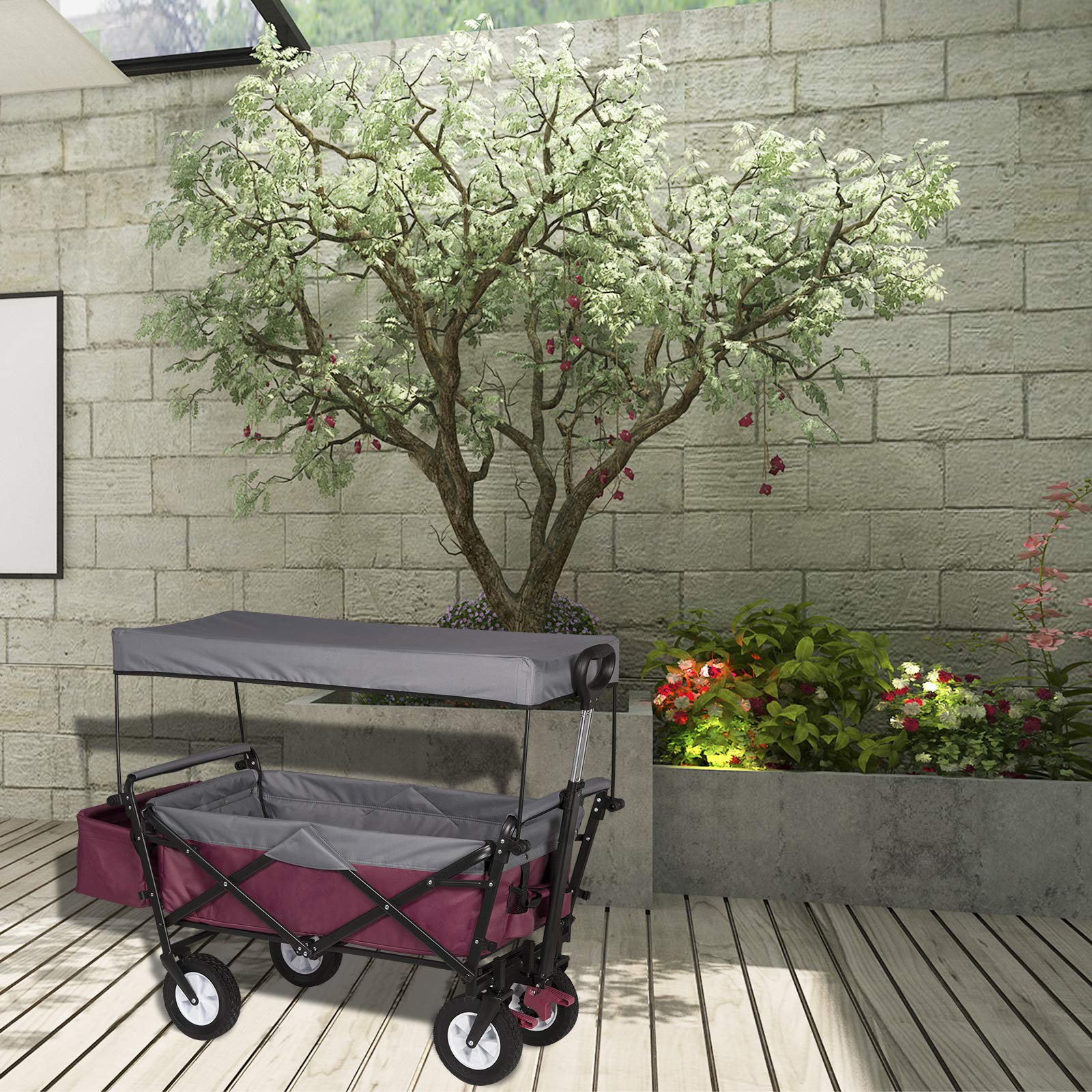 WOLTU Faltbarer Bollerwagen XXL mit abnehmbarem Sonnendach & Feststellbremse, Offroad Handwagen bis 80kg Tragkraft für Kinder, Garten, Camping, Strand, Einkauf, Fuschia