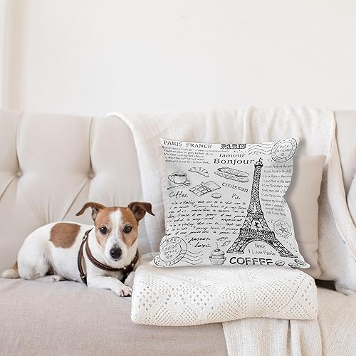 Miniatura 4 de Ambesonne Funda de cojín de París, elementos tradicionales famosos de París, Bonjour Croissan, café, Torre Eiffel, funda de almohada decorativa