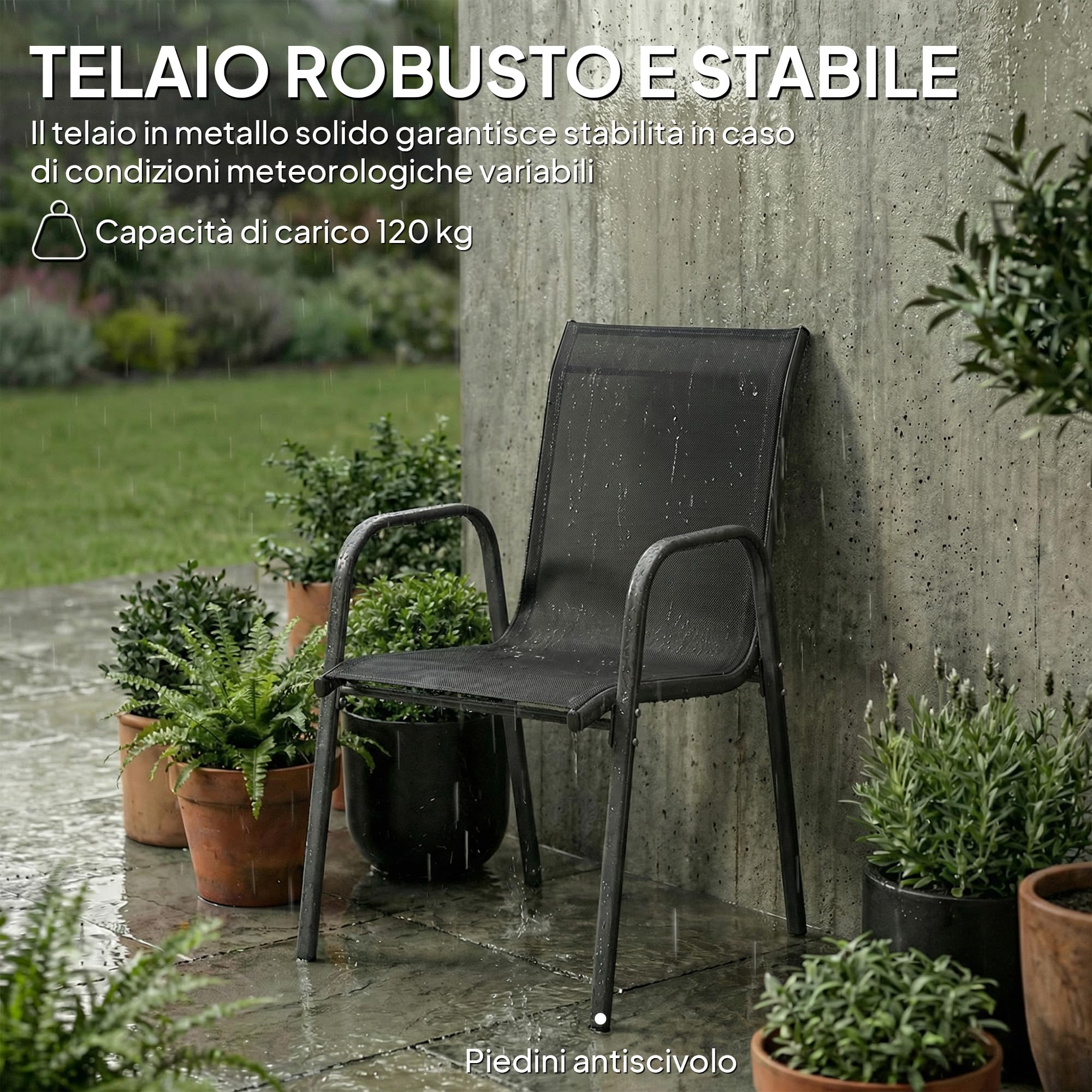 Outsunny Set 4 Sedie da Giardino Impilabili in Texteline Traspirante, Sedie per Pranzo da Esterno con Schienale Alto e Braccioli, in Metallo, da Patio, Balcone, Terrazza, Esterno, 51x69x87 cm, Nero