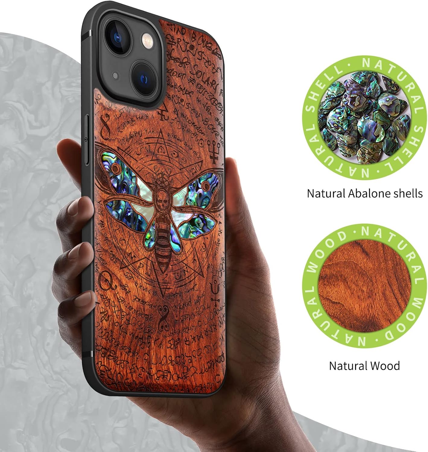 Carveit Designer Wooden Protective Case for iPhone 13 Magnetic Cover [Wood Engraving & Shell Inlay] Wood Phone Case Compatible with iPhone 13 MagSafe 6.1 Inch (Moth-Rosy)