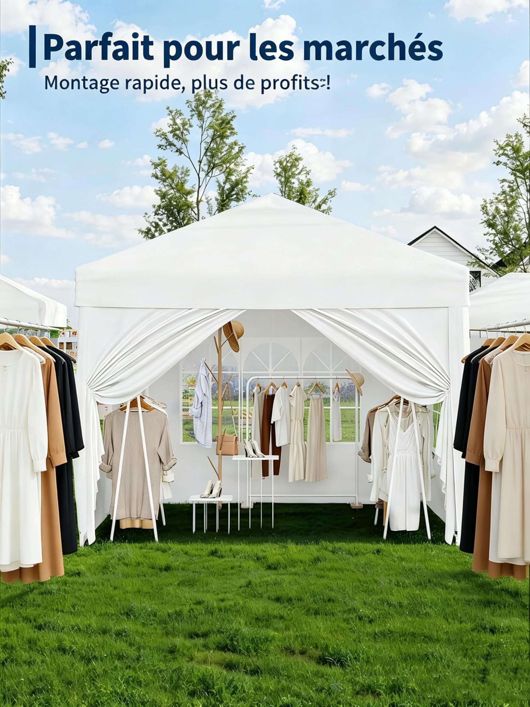 Tonnelle Pliante 3x3 Ht 2,7m Imperméable Fenêtres Église UV50+, Blanc