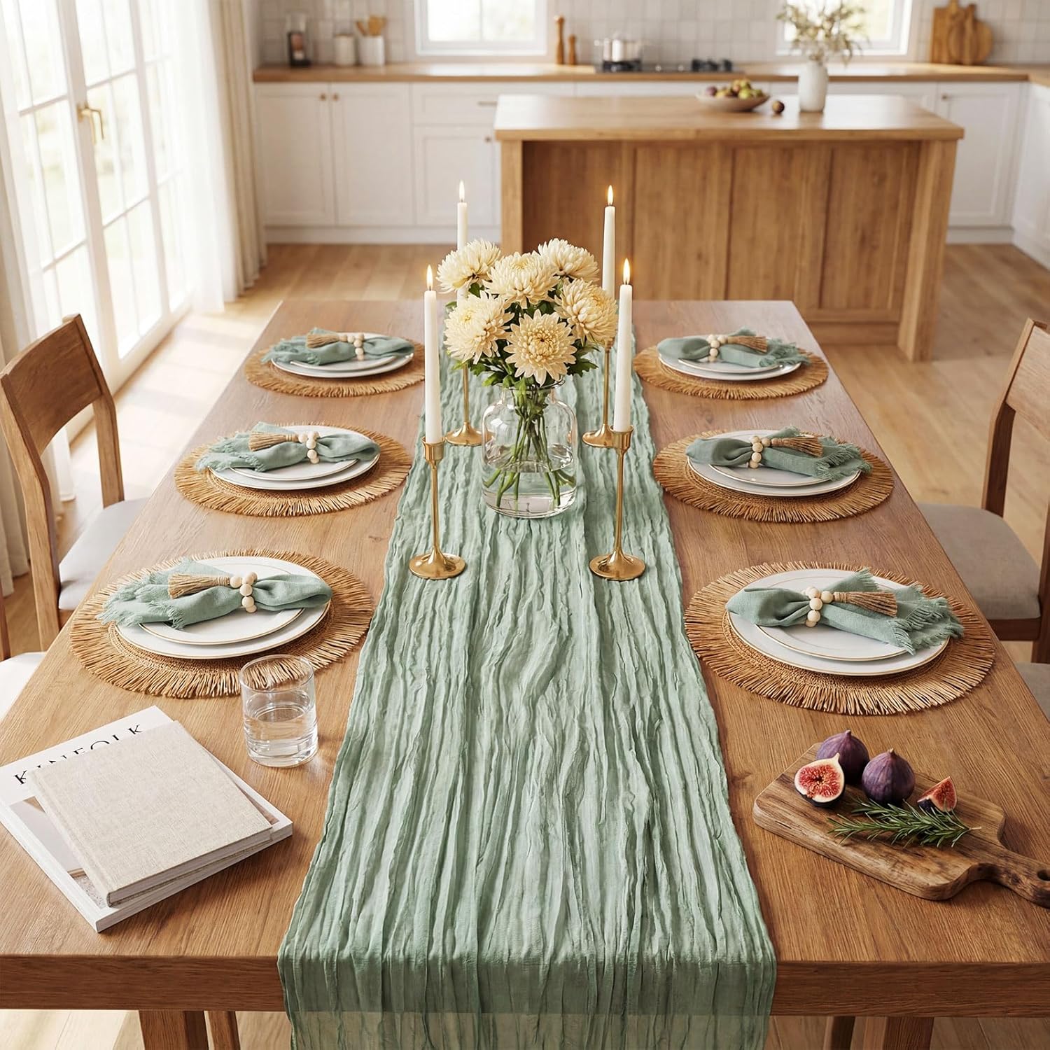 Frienda Set of 6 Boho Table Placemats Round Woven Place Mats Matching Linen Textured Napkins Wood Bead Napkin Rings and 1 Pcs Sage Green Table Runner for Home Farmhouse Kitchen Dining Natural Decor