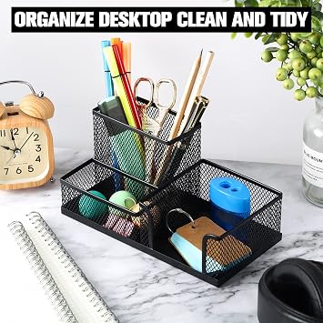 Ferraycle 4 Pcs Mesh Desk Organizer 3 Compartments Mesh Metal Pen Holder
