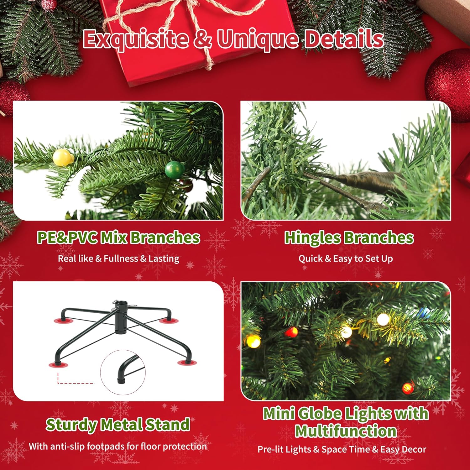 Prelit Christmas Tree 6ft, Artificial Christmas Tree with Lights, 210 Multicolor Lights and Foldable Metal Stand, ETL,PE & PVC Mixed Layered Aspen Fir Green Xmas Tree for Holiday Home Decororation