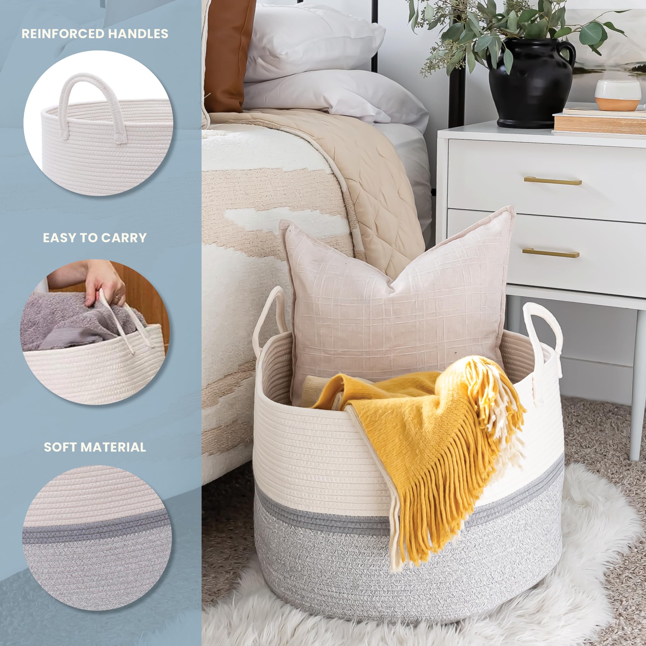 OrganiHaus Gray Extra Large Basket for Storage | Blanket Storage for Living Room | Cute Woven Basket | Baby Laundry Basket & Baby Hamper | Boho Cotton Rope Basket | Toy Basket & Blanket Basket - 20x13 1