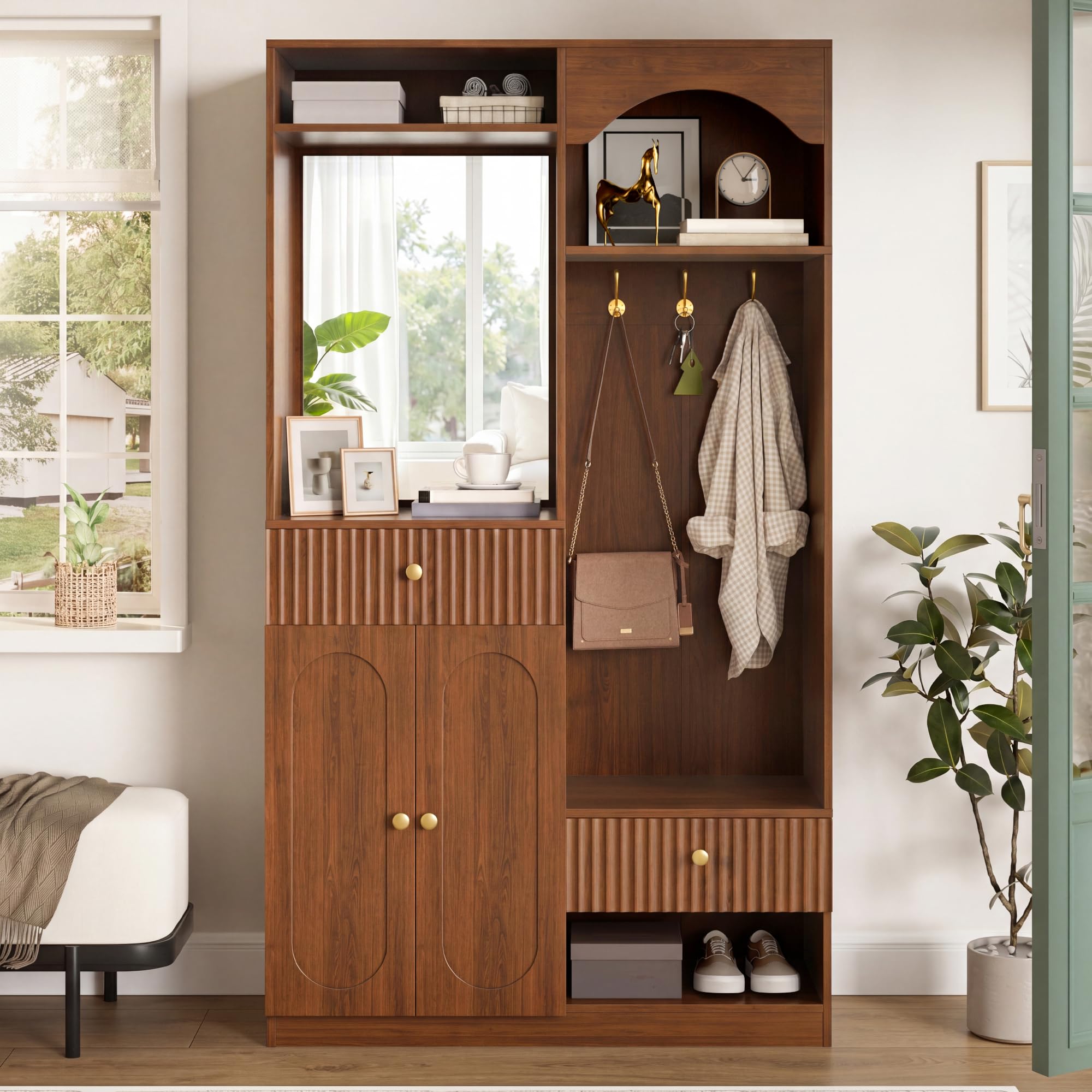 Garderobenset Wandgarderobe mit LED, Flurgarderobe Set mit Schuhschrank und Spiegel, Garderoben Set mit Türen und Kleiderhaken, Flurmöbel Set Kompaktgarderobe mit Regal, 100x35x180cm (Walnut)