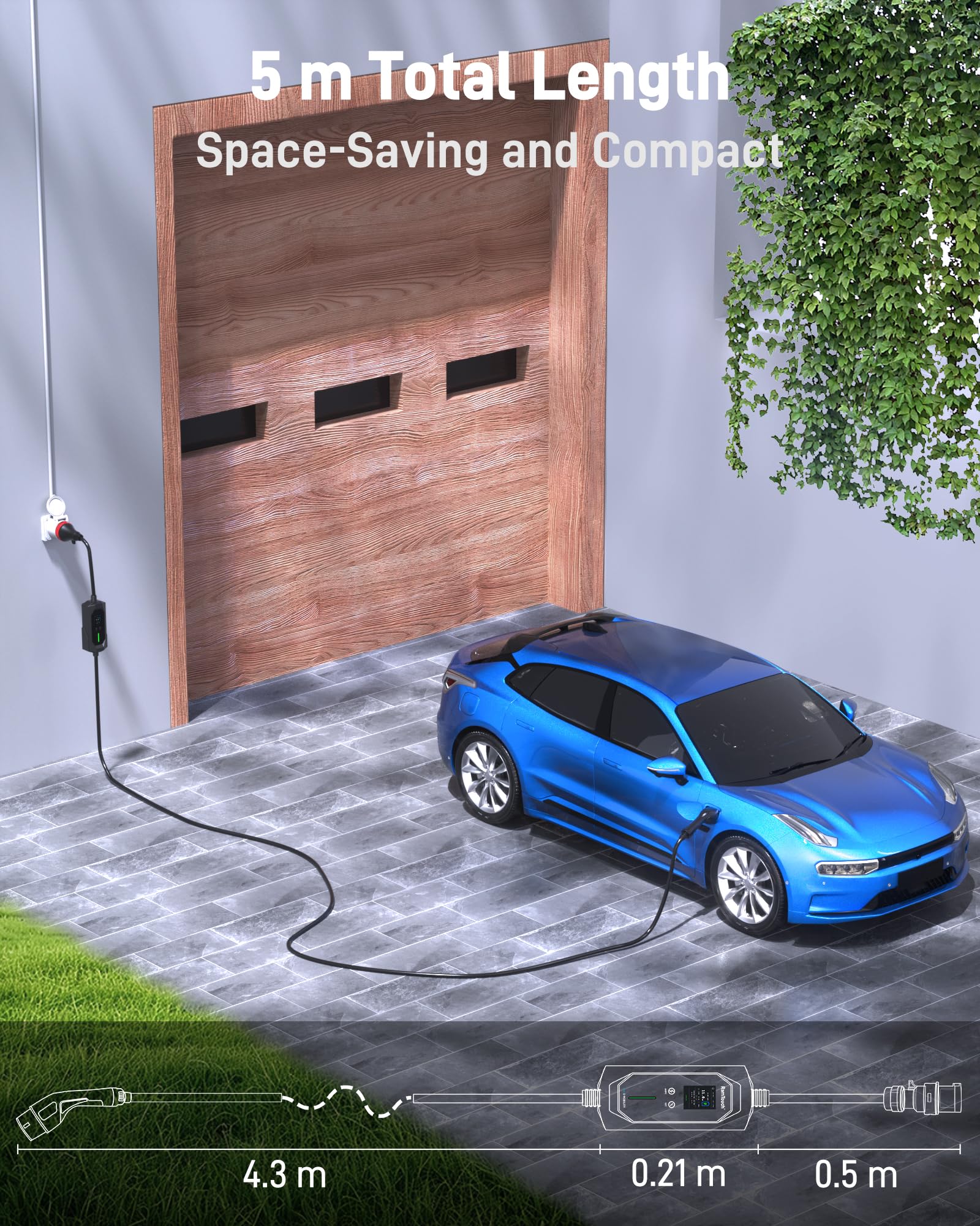 Cargador Coche Eléctrico 11 kW, 16 A, 5 m | CEE Rojo 5P a Tipo 2 | Trifásico | IP67 | 6–16 A | Timer + inicio diferido | LCD 2,4" | RCD CA/CC | Cable Modo 2 / wallbox móvil | para VE y PHEV