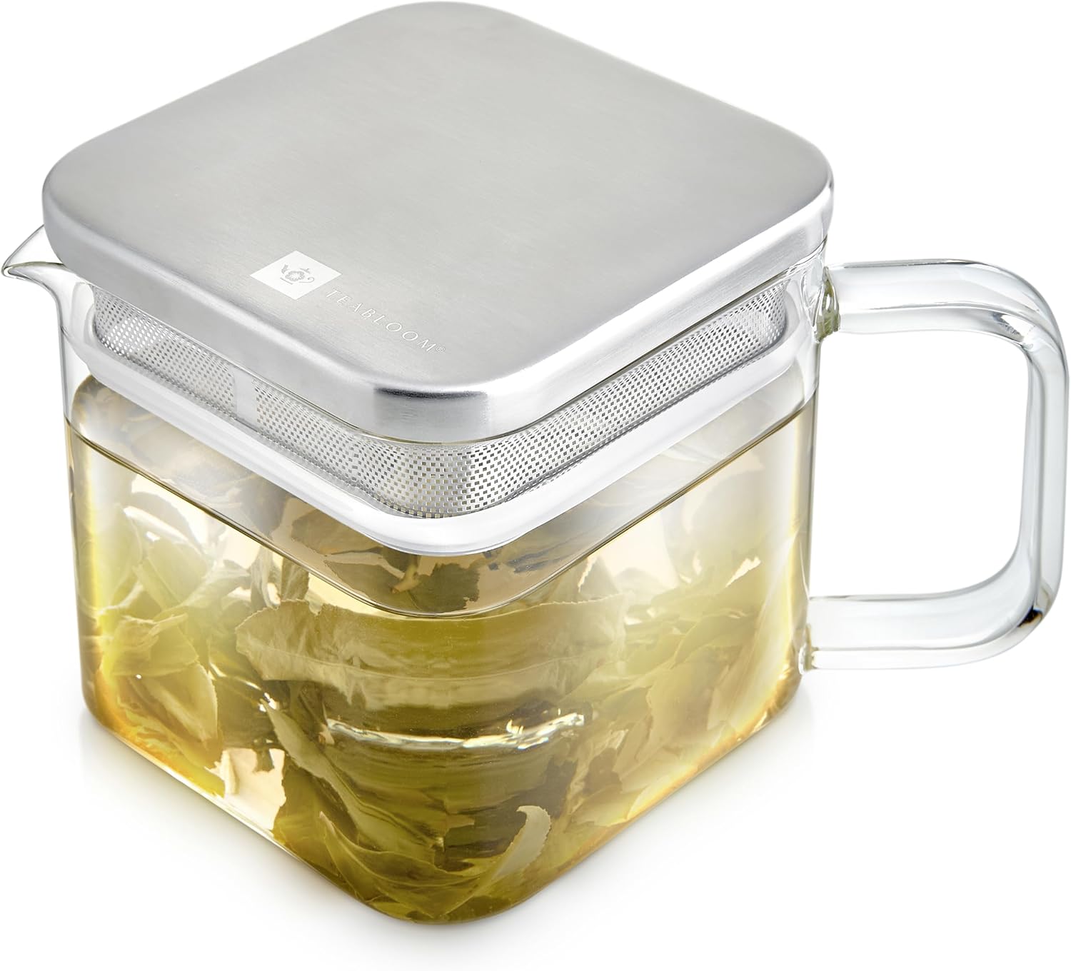 Teabloom Stackable Cube Glass Teapot for All Types of Teas – 27 oz (800mL) – Heat-Resistant Borosilicate Glass, Stainless Steel Filter Lid, Space-Saving Stackable Design
