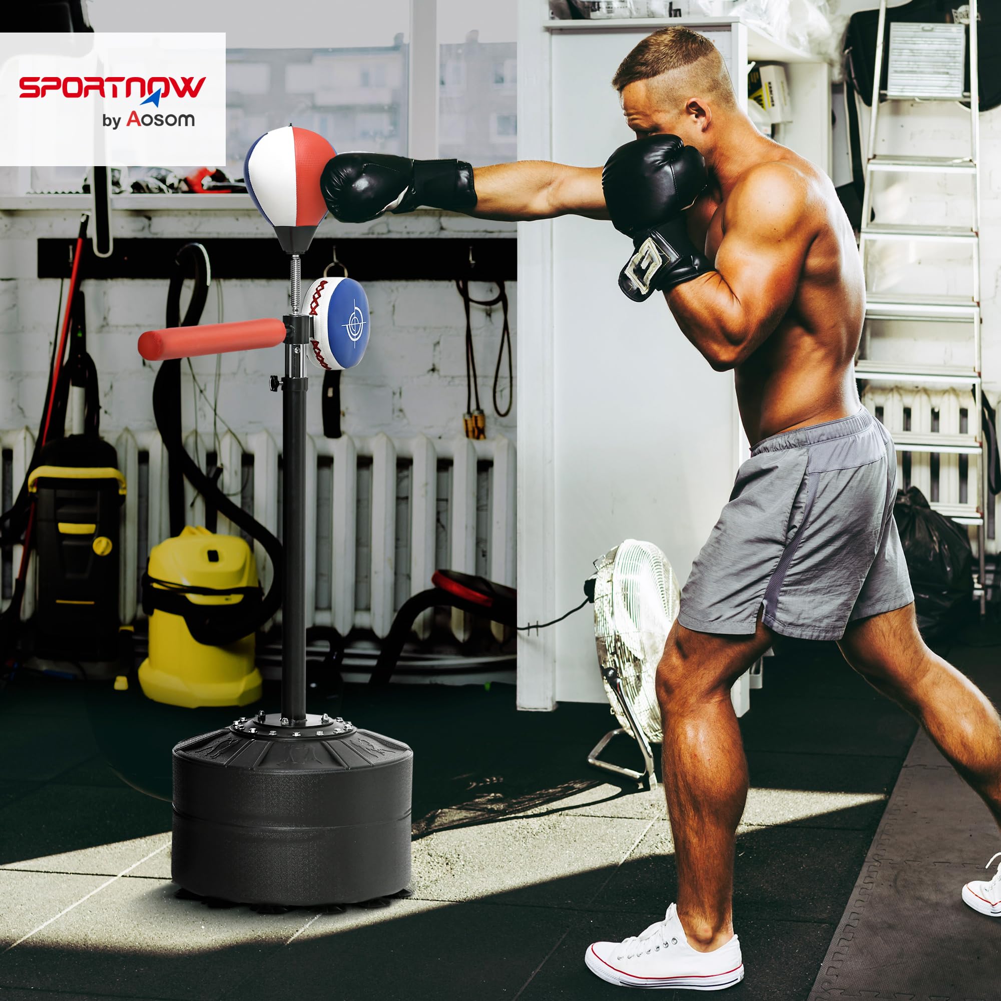SPORTNOW Punching Ball da Terra per Adulti con Barra Reflex, Speedball e Colpitore, Pungiball da Terra con Altezza Regolabile da 163-205cm, Base Riempibile, Pompa d'aria e Set di Fasce da Polso