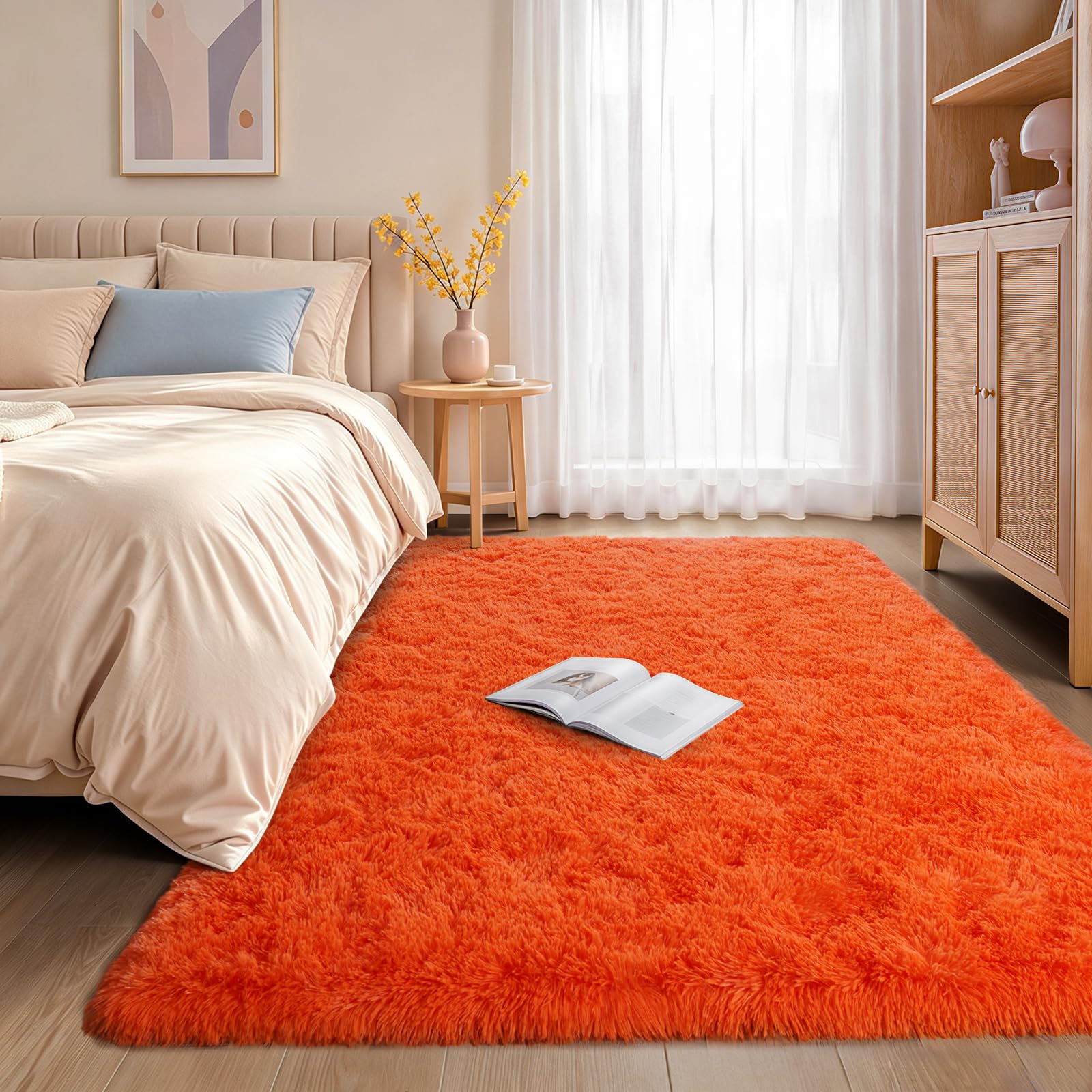 iEvery Orange Rugs for Bedroom 120x160 cm - Fluffy Shaggy Beside Rug Non-Slip, Soft High Pile Modern Floor Carpet for Living Room Lounge Playroom Kids Girls Room — image 1