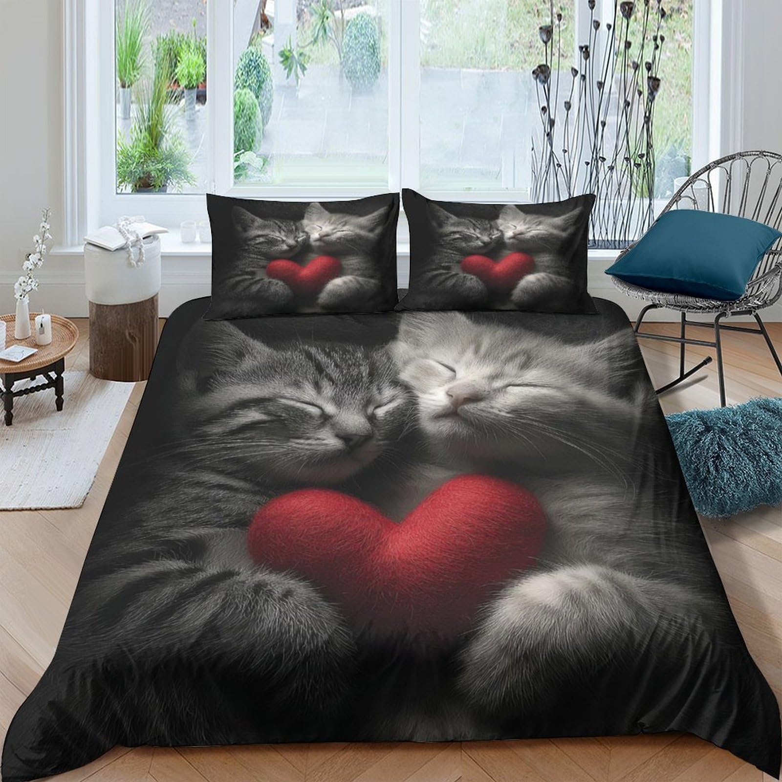 Ctjqhvkz Style-2 3D Printed Grey Cat Lovers Heart Fitted Sheet Microfiber Soft Non Slip Bed Cover For Bedroom Guest Room Decor Single（135X200cm）