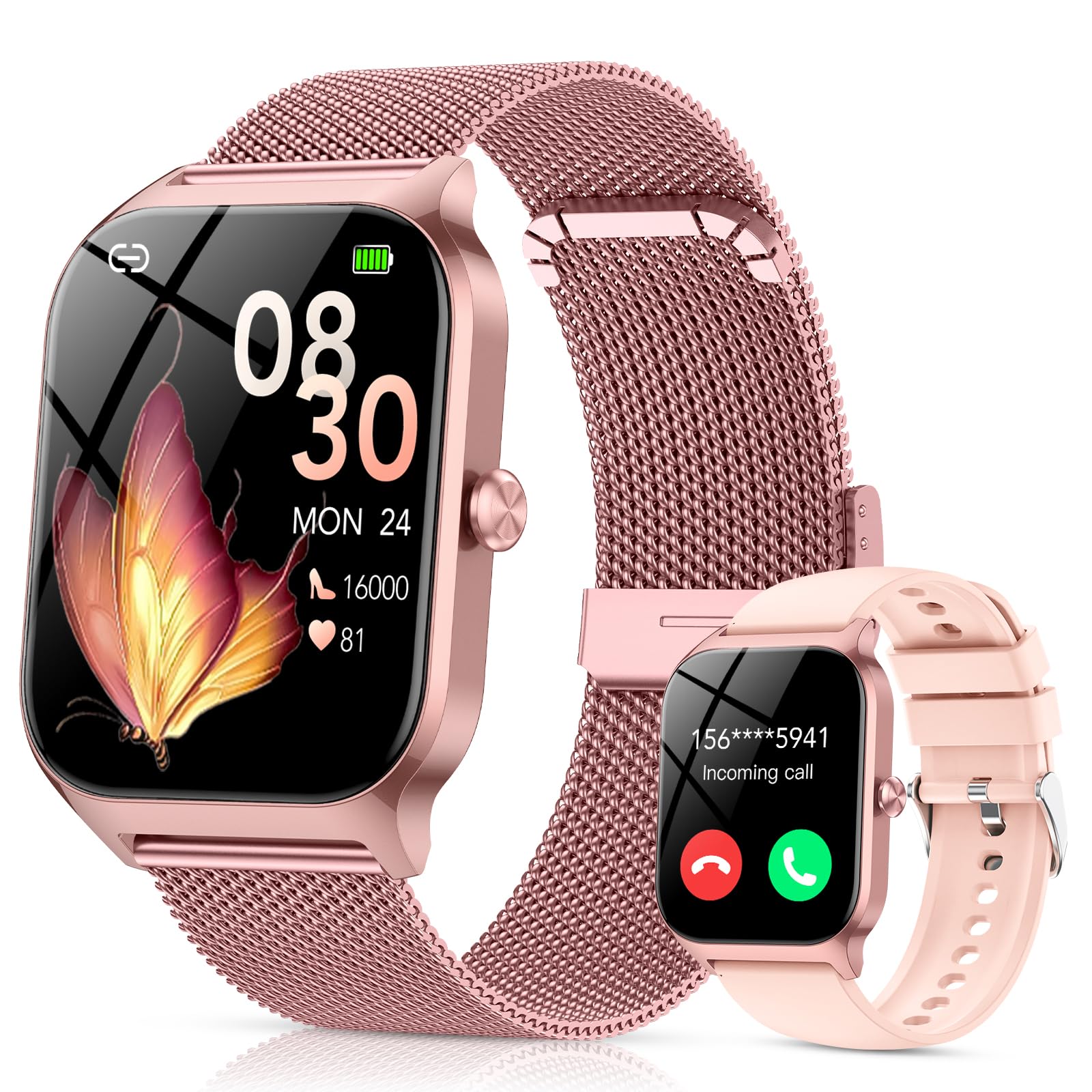 Smartwatch Damen mit Telefonfunktion, 1.85" HD Uhren mit Herzfrequenz SpO2 Schlafmonitor Schrittzähler, 120+ Sportmodi Fitnessuhr, IP68 Fitness Tracker, Smart Watch Kompatibel für Android iOS Rosa