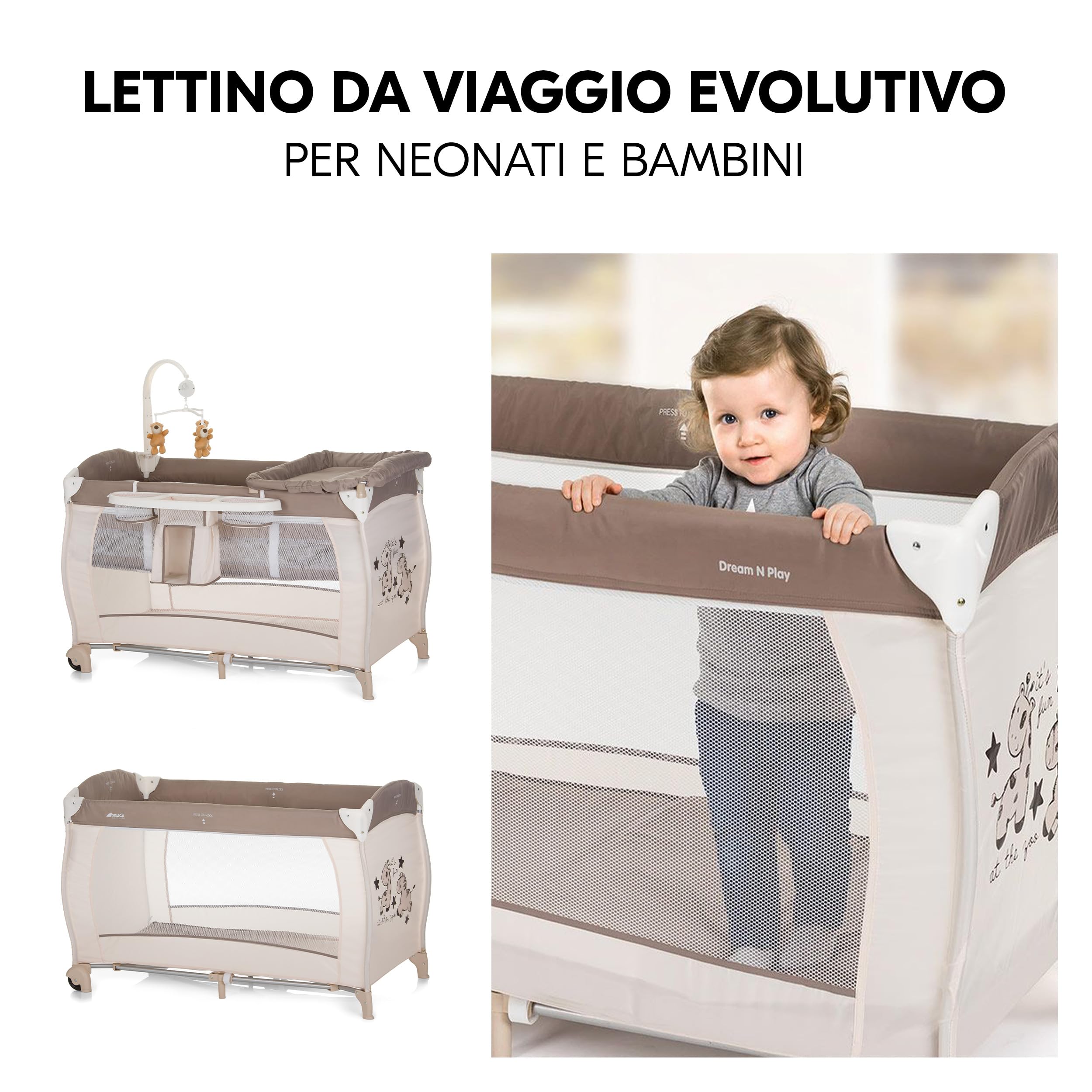 hauck Lettino Campeggio BabyCenter Zoo - Culla Campeggio con 2° Livello, Arco Giochi e Ruote - Culla da Viaggio con Borsa, Fasciatoio e Organizer - Beige