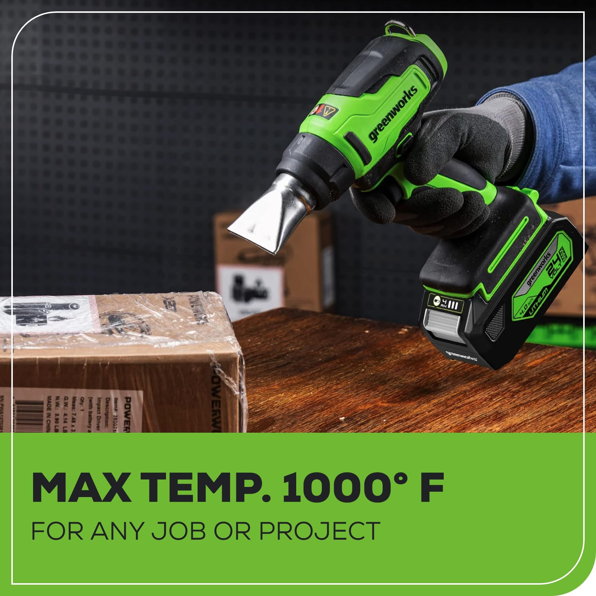 Greenworks Kit pistola termica senza fili da 24 V, batteria da 4,0 Ah e caricabatterie inclusi, strumento ad aria calda, massimo 538 ℃ con 3 ugelli per casa, garage, esterni