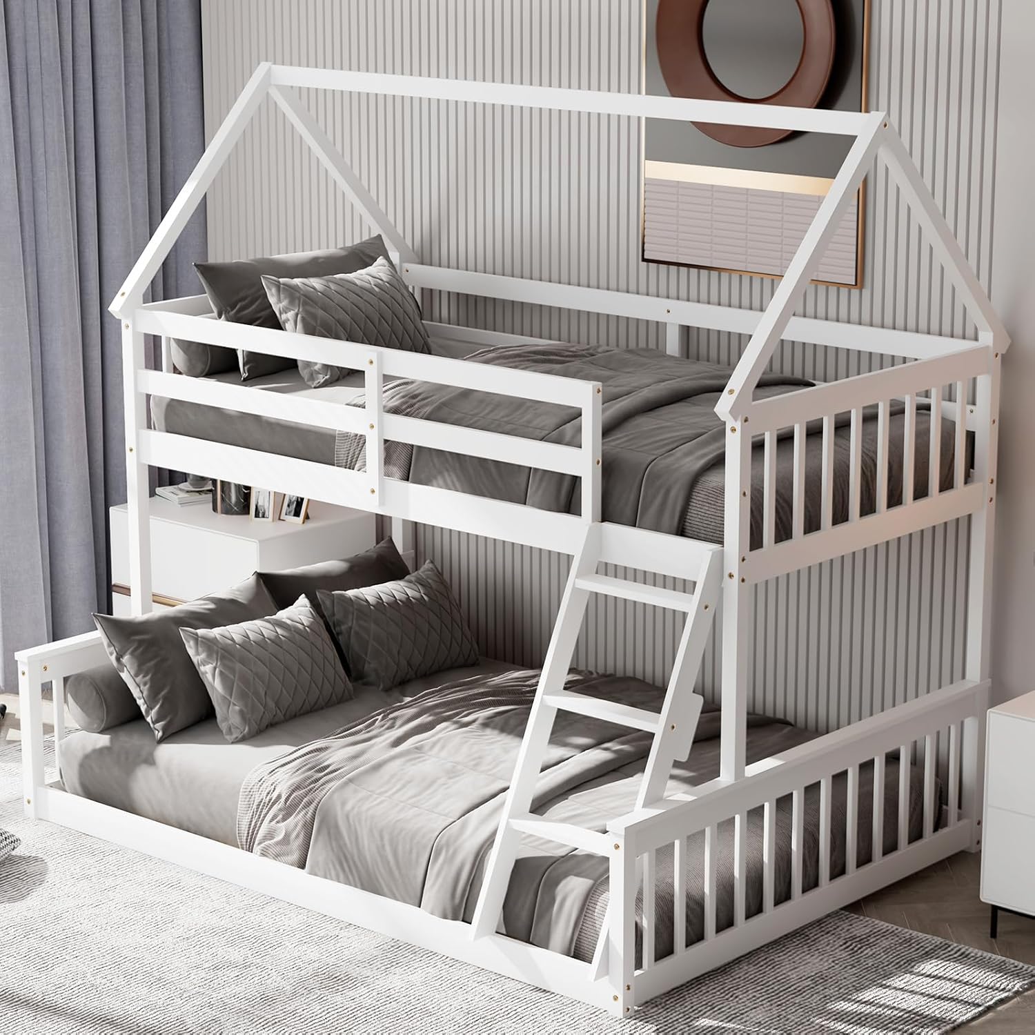 KOTEK House Bunk Bed Twin Over Full, Solid Wood Low Bunk Bed Frame with Built-in Ladder & Safety Guardrails, Floor Bunk Beds Detachable into 2 Beds for Kids Teens (White)