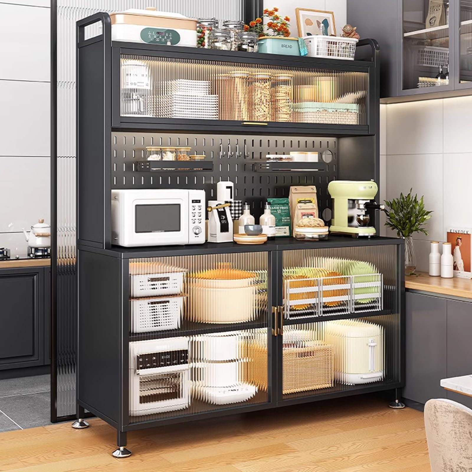 Kitchen Baker's Rack with Storage Cabinet and 5 Tier Microwave Stand Metal Shelves for Garage Pantry Home Kitchen Organizer for Spices Pots and Pans Pegboard Accessories Included (Svart Larg