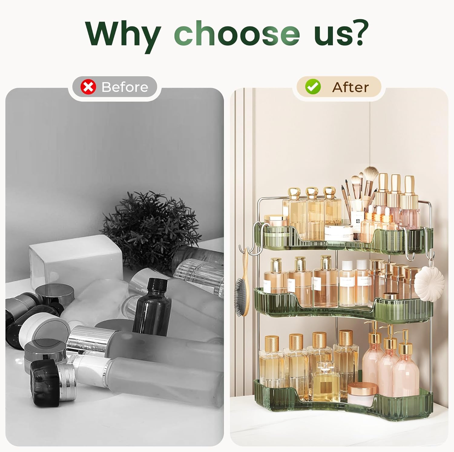 3-Tier Green Corner Organizer, PET Counter Storage with Hooks | Multi-Surface Organizer for Bathroom Vanity & Kitchen Countertop