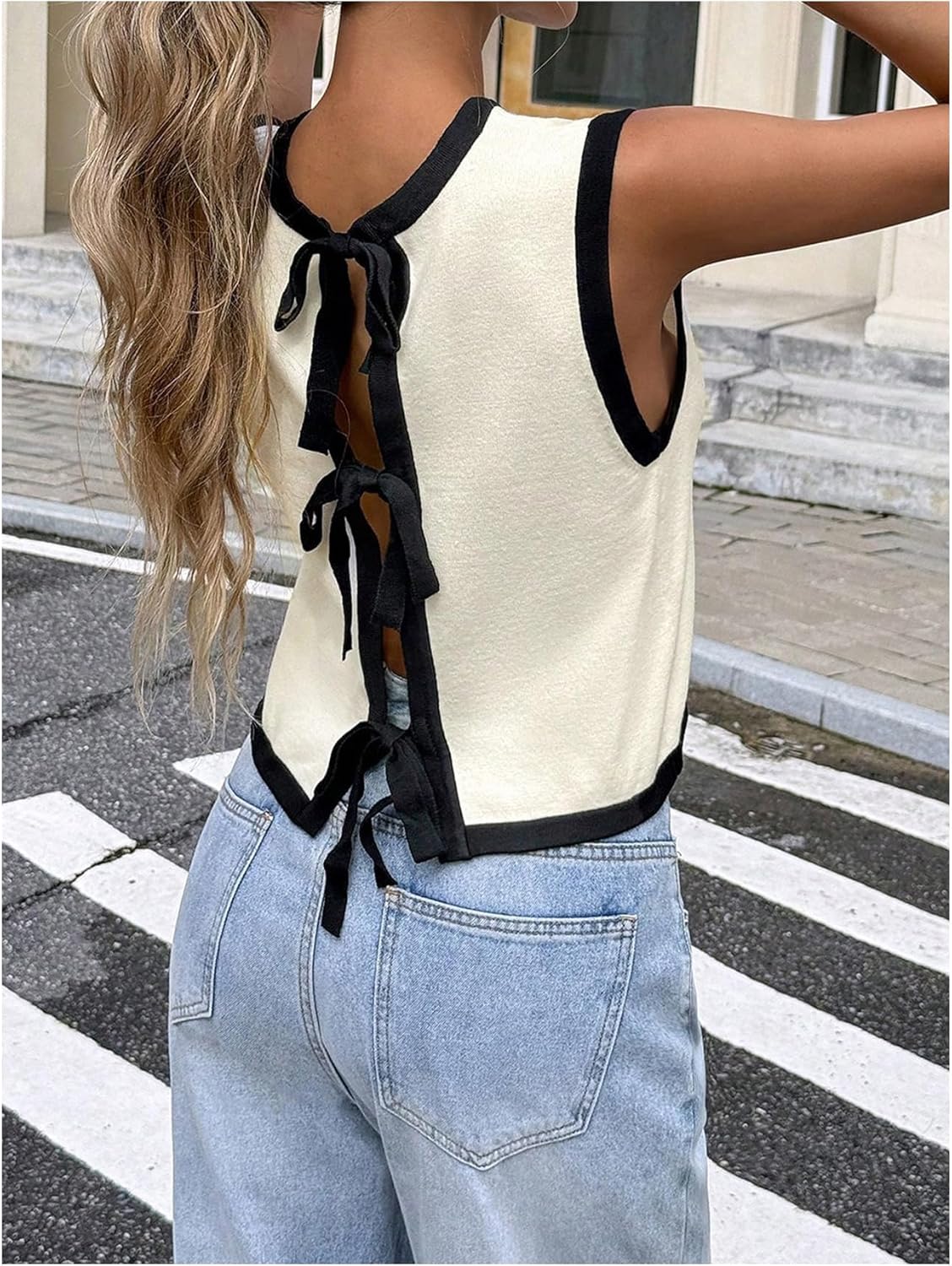 Milumia Women's Tie Bow Back Cropped Sweater Vest Round Neck Sleeveless Casual Knit Tank Tops - Image 2