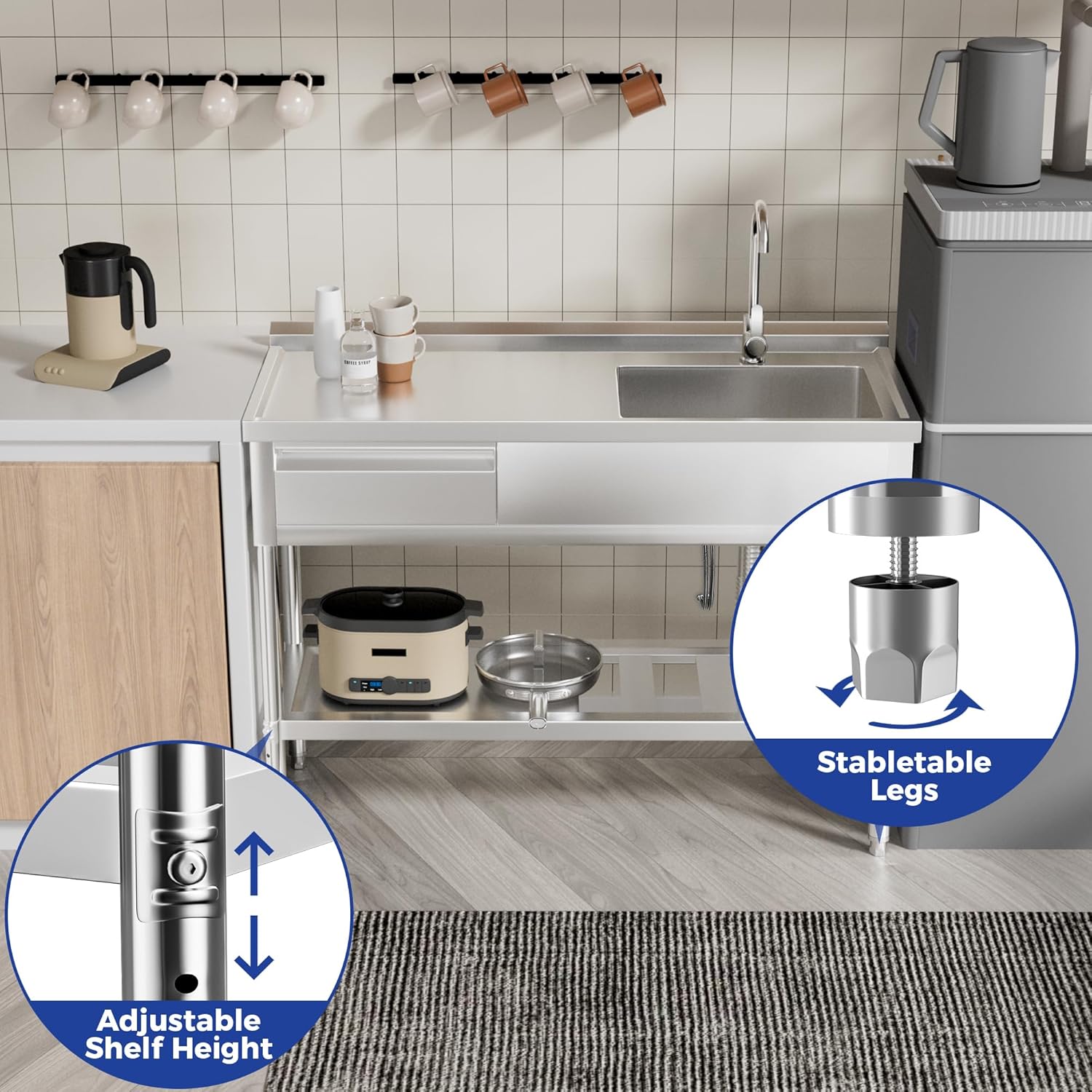 Stainless Steel Sink with Cold and Hot Water Pipes, Free Standing Single Bowl Commercial Kitchen Sink W/Workbench & Storage Shelf, Faucet For Laundry Room, Farmhouse, Indoor/Outdoor(47 inch)