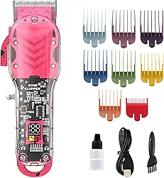 Maquina de Cortar Cabelo Profissional, Aparador de Barba para Homens sem fio,Cortador de Cabelo Elétrico Recarregável por USB com 8 pentes,Oléo Lubrificante (Rosa vermelha)